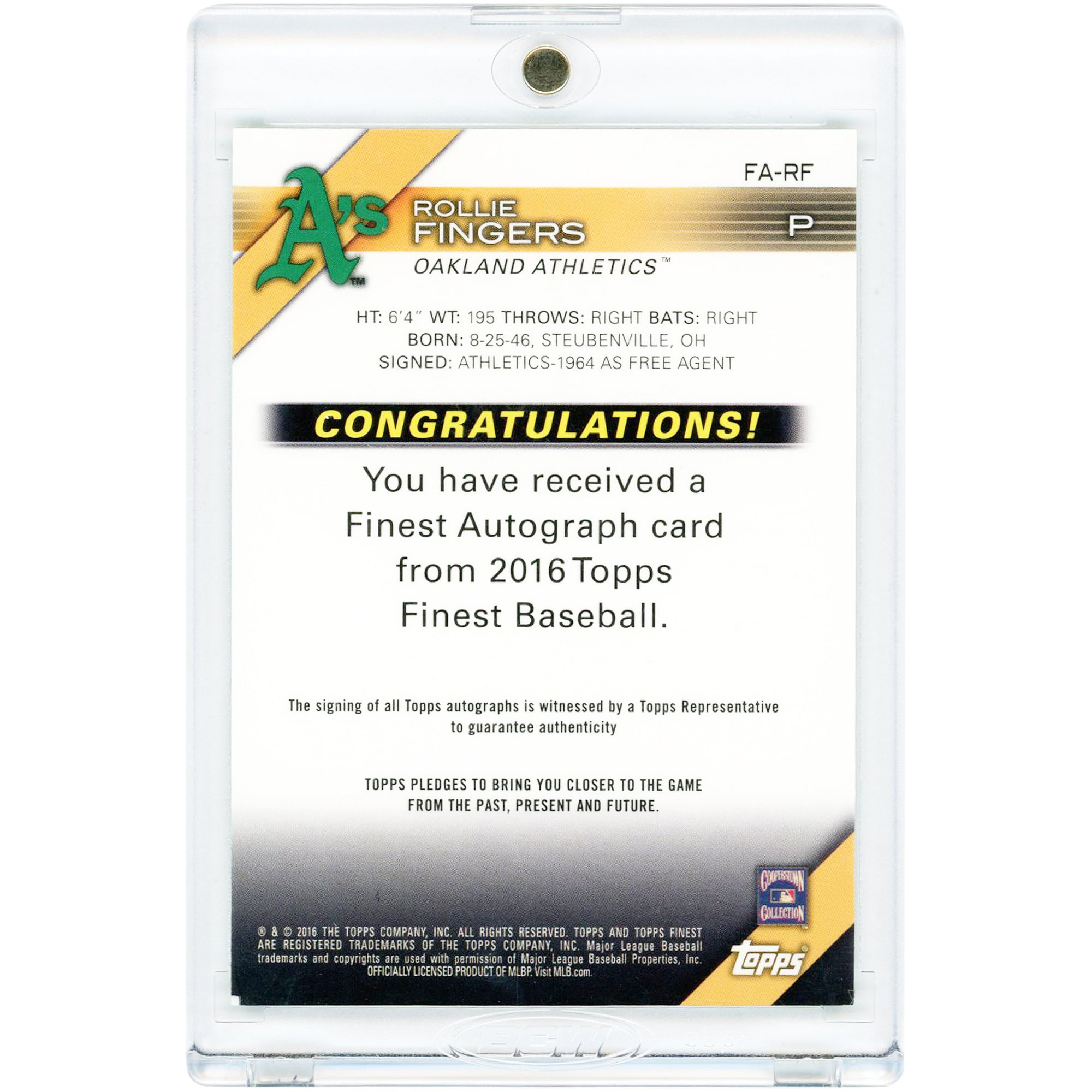 Carte Topps Finest Green Refractor 2016 autographiée par Rollie Fingers (Oakland Athletics) #FA-RF #45/99
