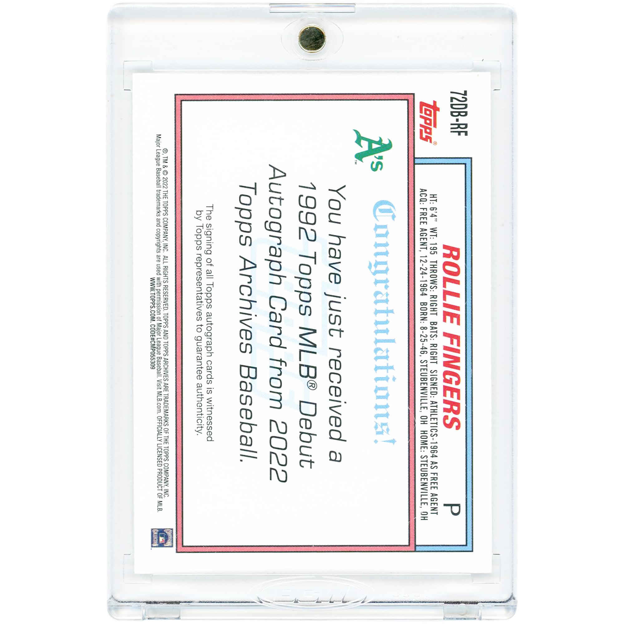 Rollie Fingers Oakland Athletics Autographed 2022 Topps Archives '92 Debut Variation #72DB-RF Card
