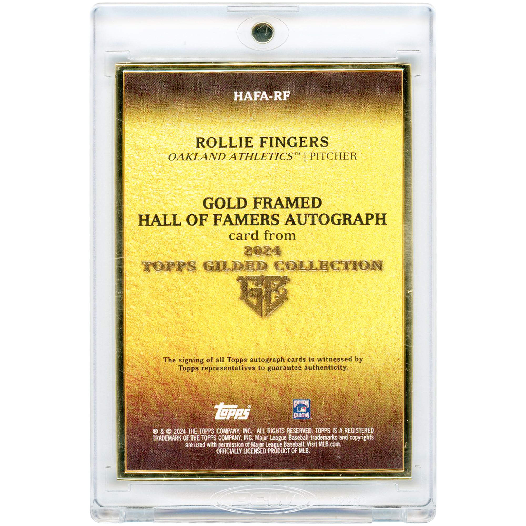 Carte autographiée de Rollie Fingers (Oakland Athletics) - Collection Topps Gilded 2024 - Cadre doré - Membre du Temple de la renommée #HAFA-RF #7/25