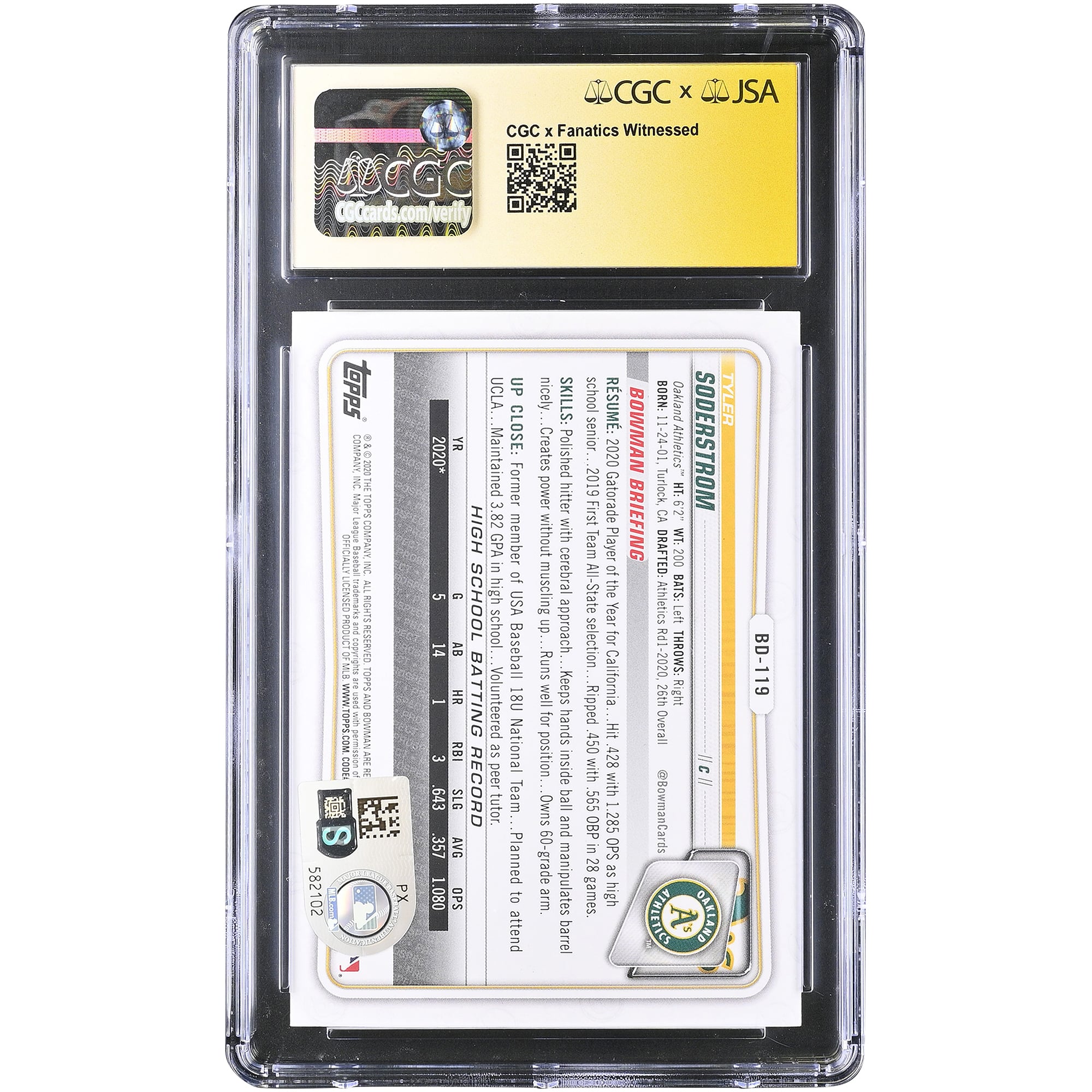 Tyler Soderstrom Oakland Athletics Autographed 2020 Bowman Draft #BD-119 CGC Fanatics Witnessed Authenticated 10/10 Card