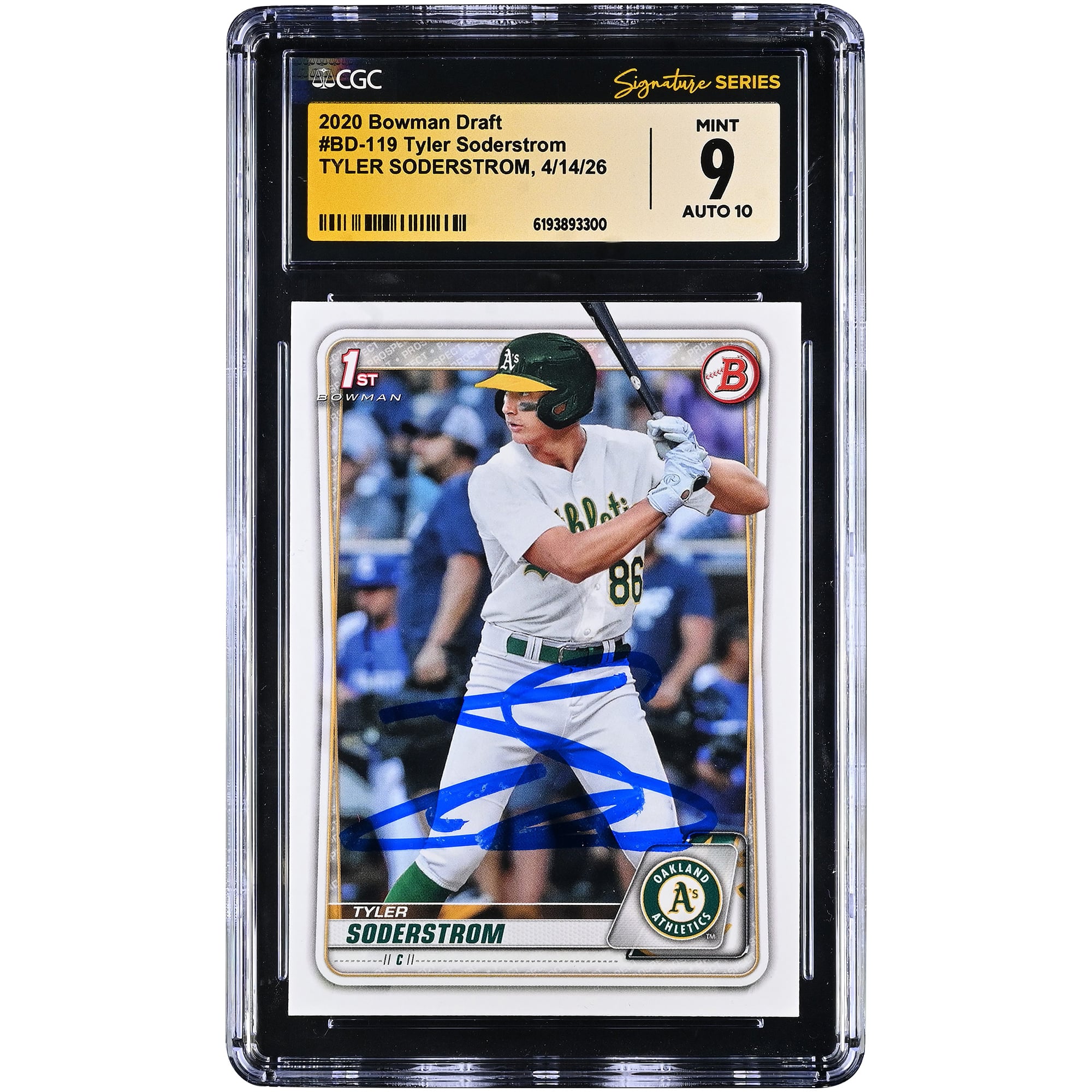 Carte autographiée de Tyler Soderstrom (Oakland Athletics), repêchage Bowman 2020, n° BD-119, authentifiée par Fanatics Witnessed (CGC, état 9/10).