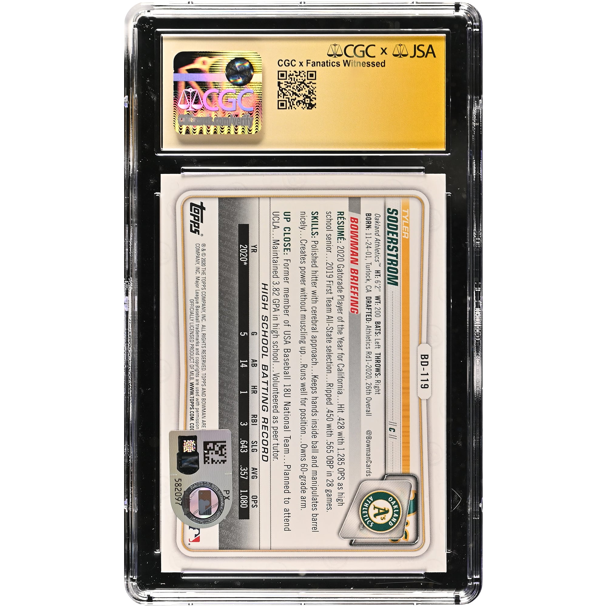 Tyler Soderstrom Oakland Athletics Autographed 2020 Bowman Draft #BD-119 CGC Fanatics Witnessed Authenticated GEM MINT 10 Card