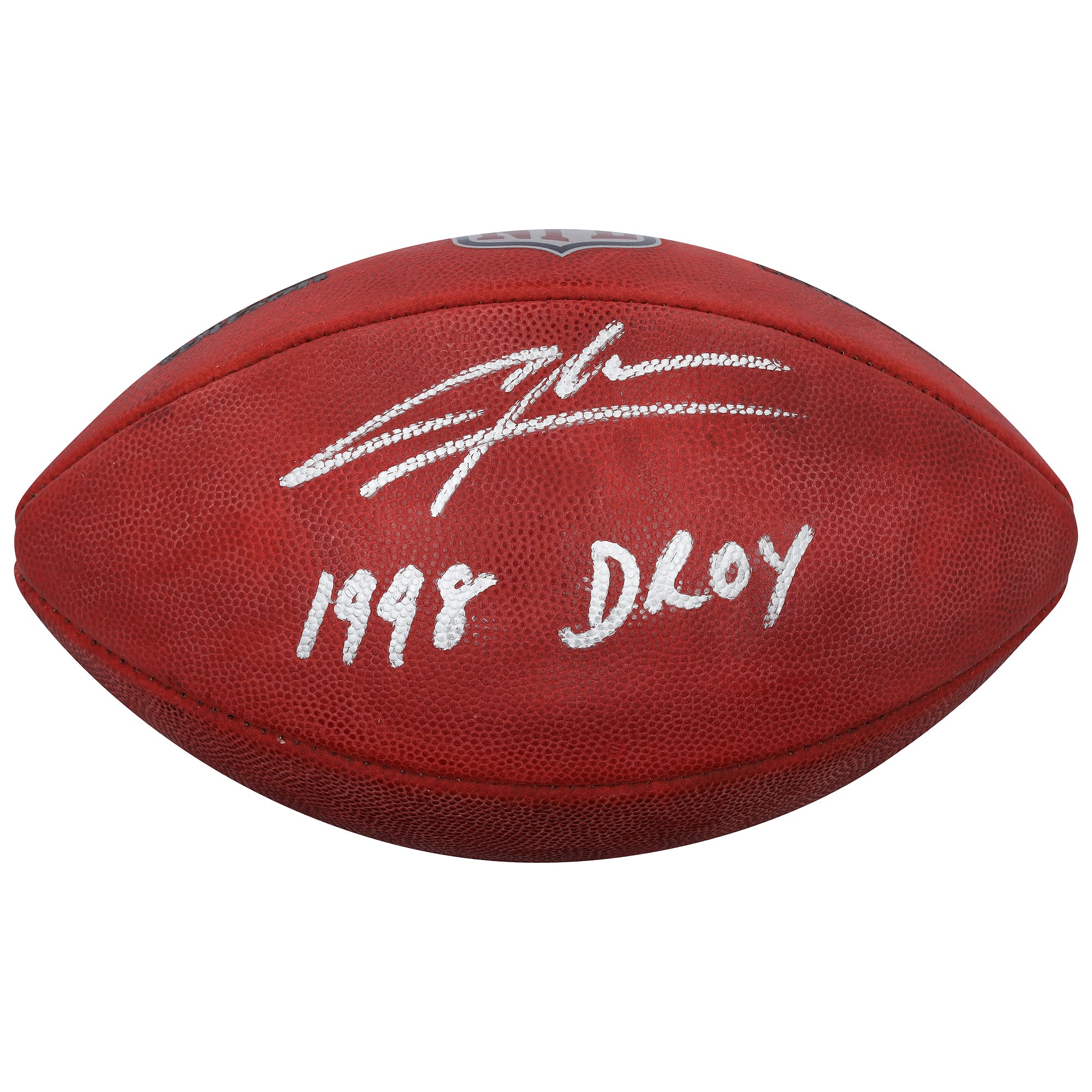 Ballon de football américain Duke en couleurs, autographié par Charles Woodson (Oakland Raiders), avec inscription « 1998 DROY ».