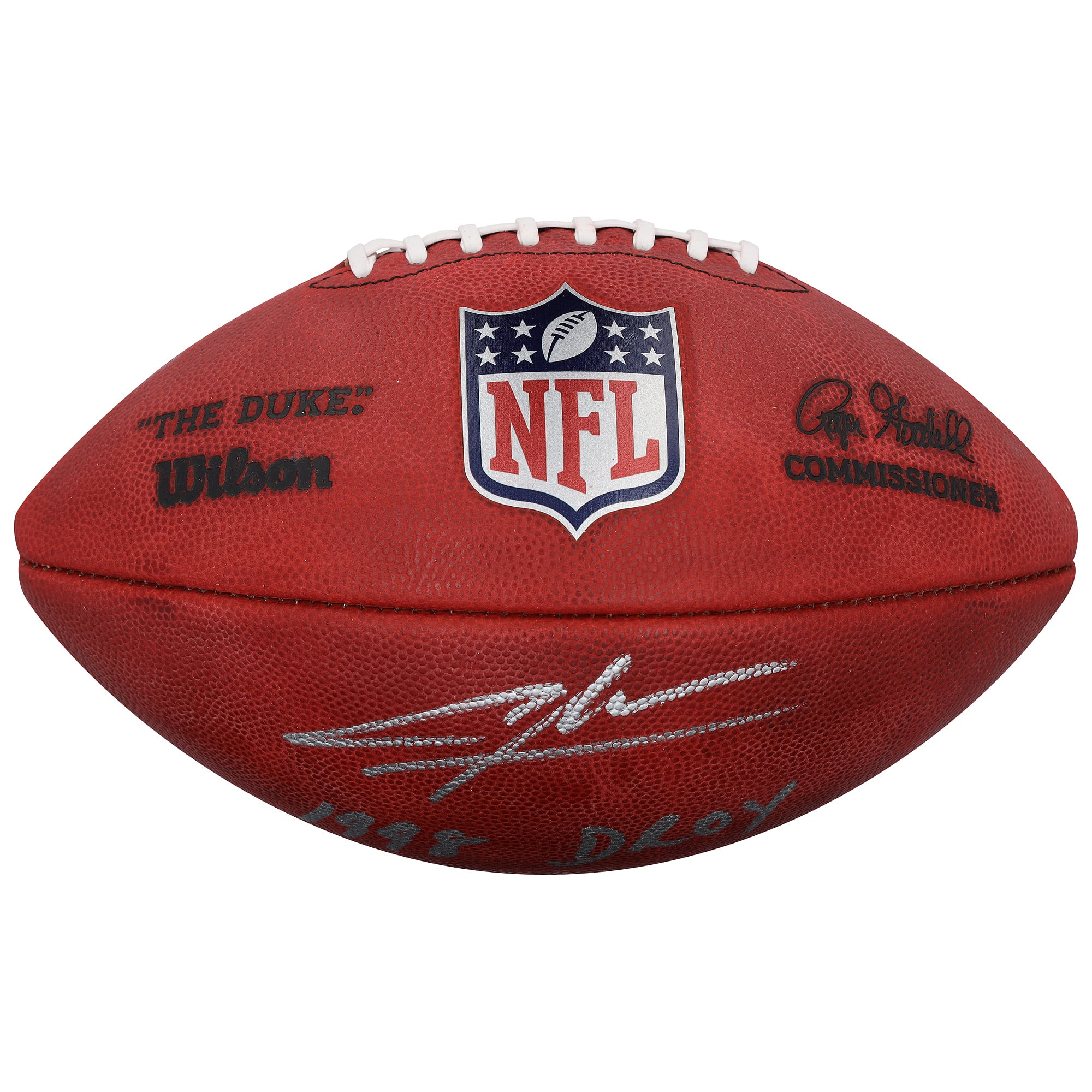 Ballon de football américain Duke en couleurs, autographié par Charles Woodson (Oakland Raiders), avec inscription « 1998 DROY ».