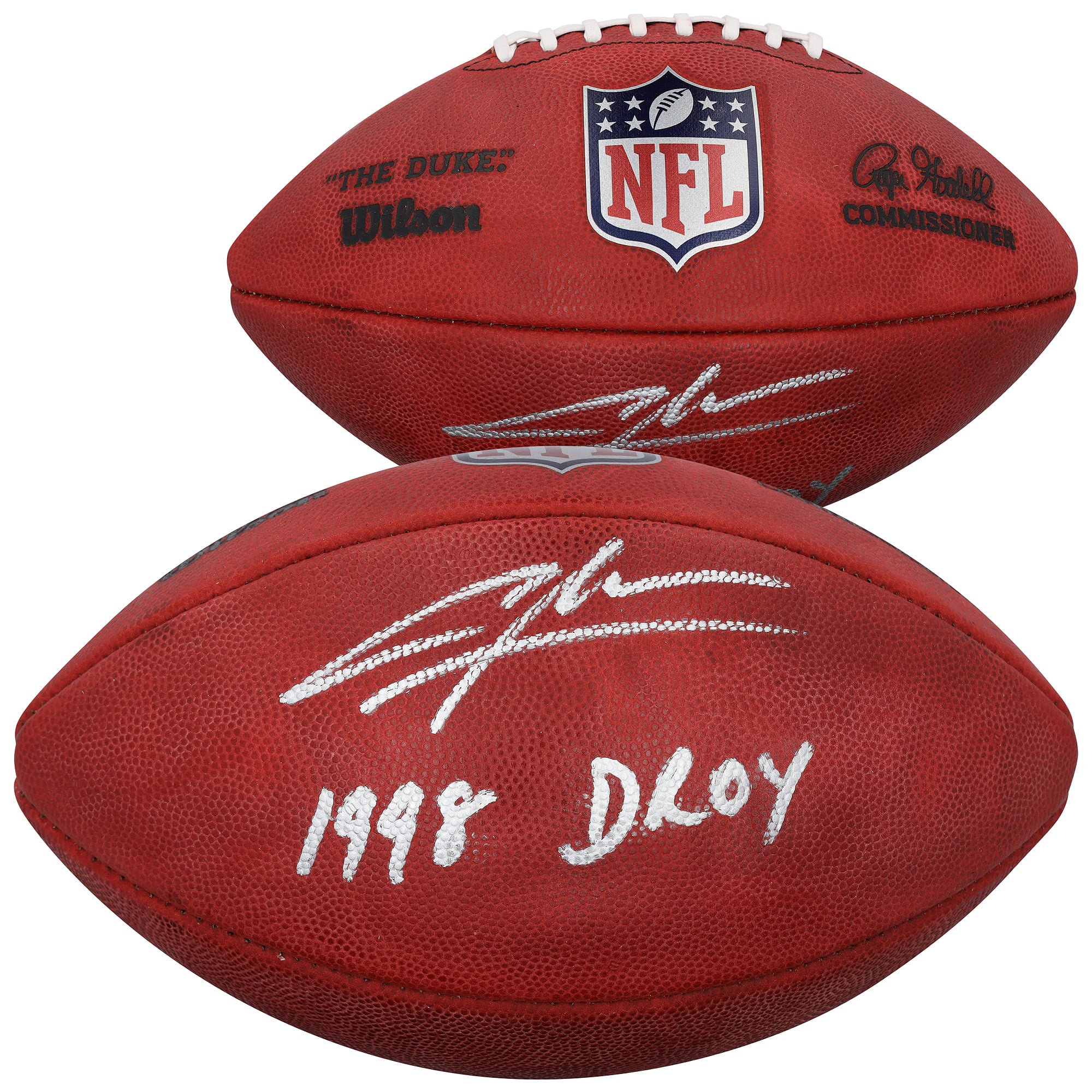 Ballon de football américain Duke en couleurs, autographié par Charles Woodson (Oakland Raiders), avec inscription « 1998 DROY ».