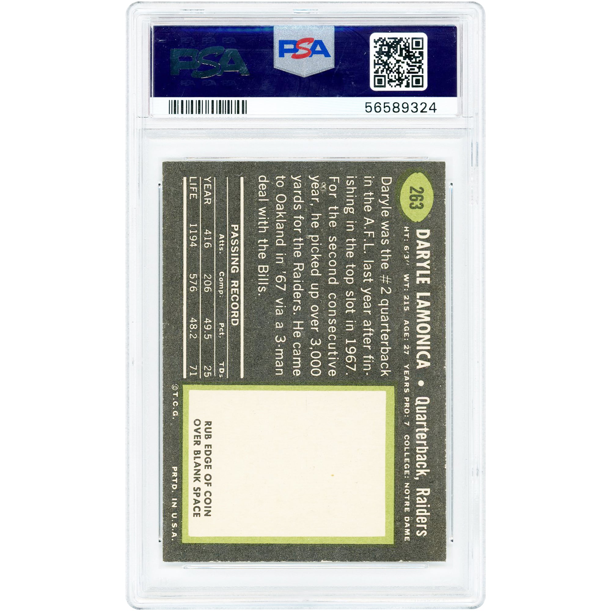 Daryle Lamonica Oakland Raiders 1969 Topps #263 PSA Authenticated 8 Card