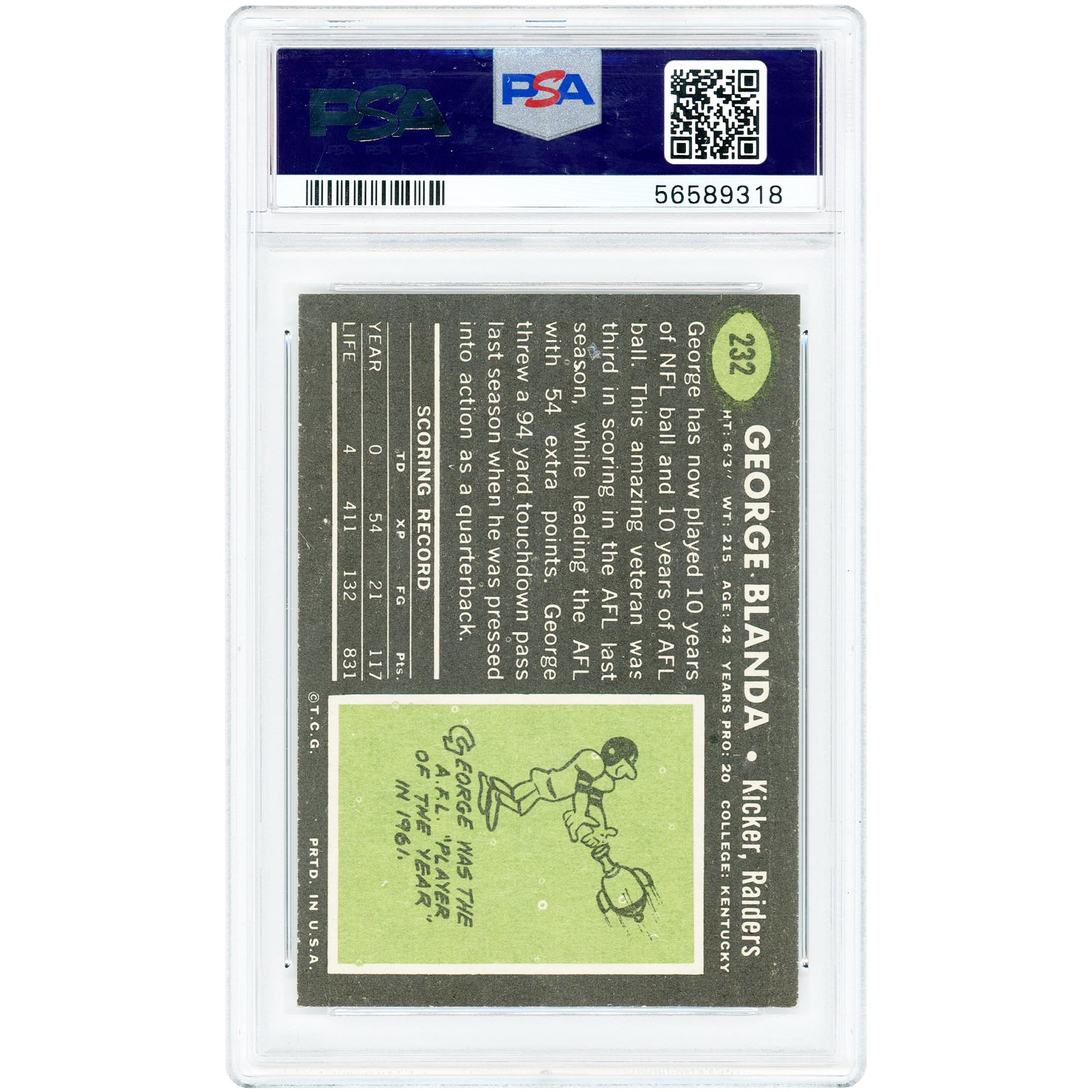 George Blanda Oakland Raiders 1969 Topps #232 PSA Authenticated 8 Card