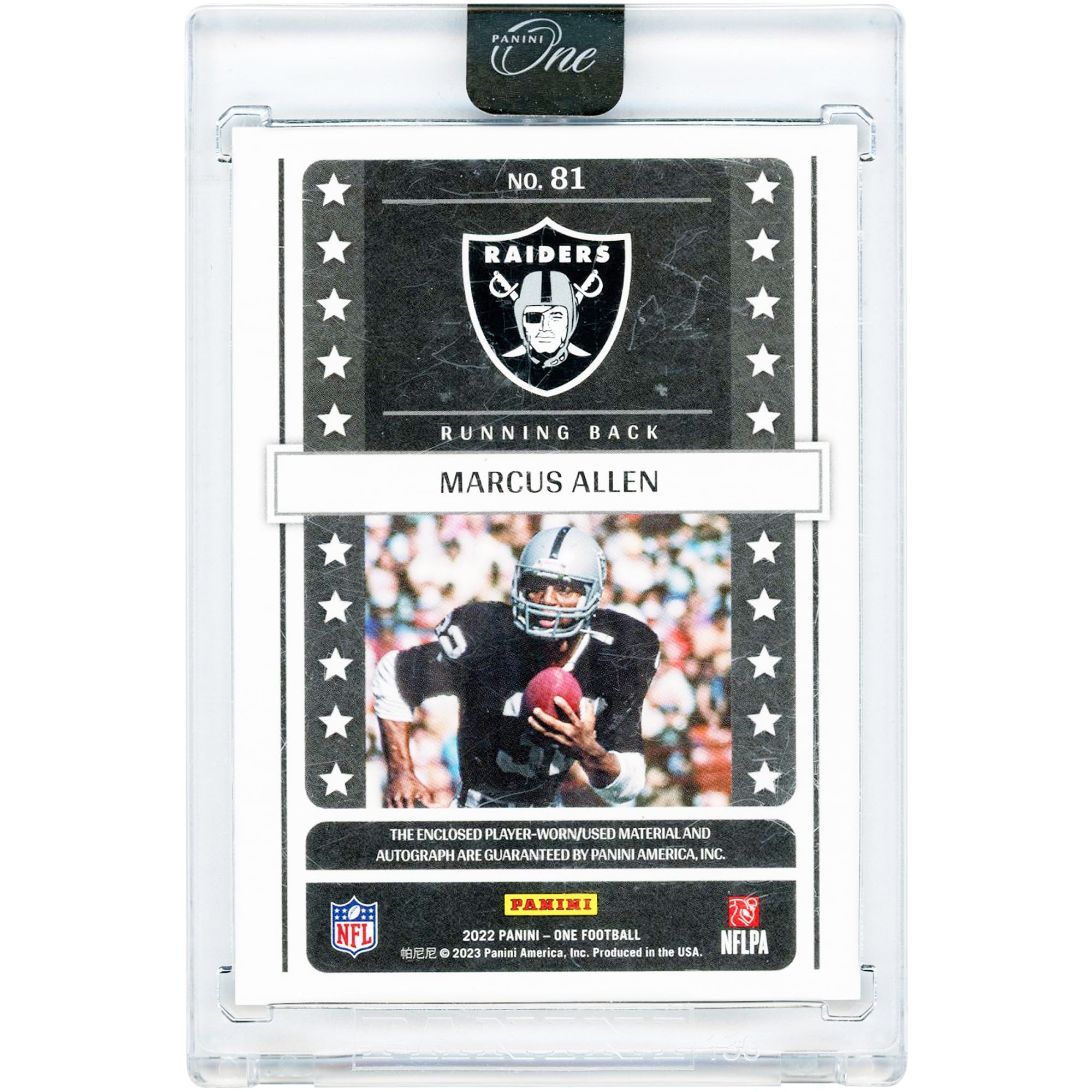 Marcus Allen Oakland Raiders Autographed 2022 Panini One Lone Star Jersey Relic #81 #10/25 Card