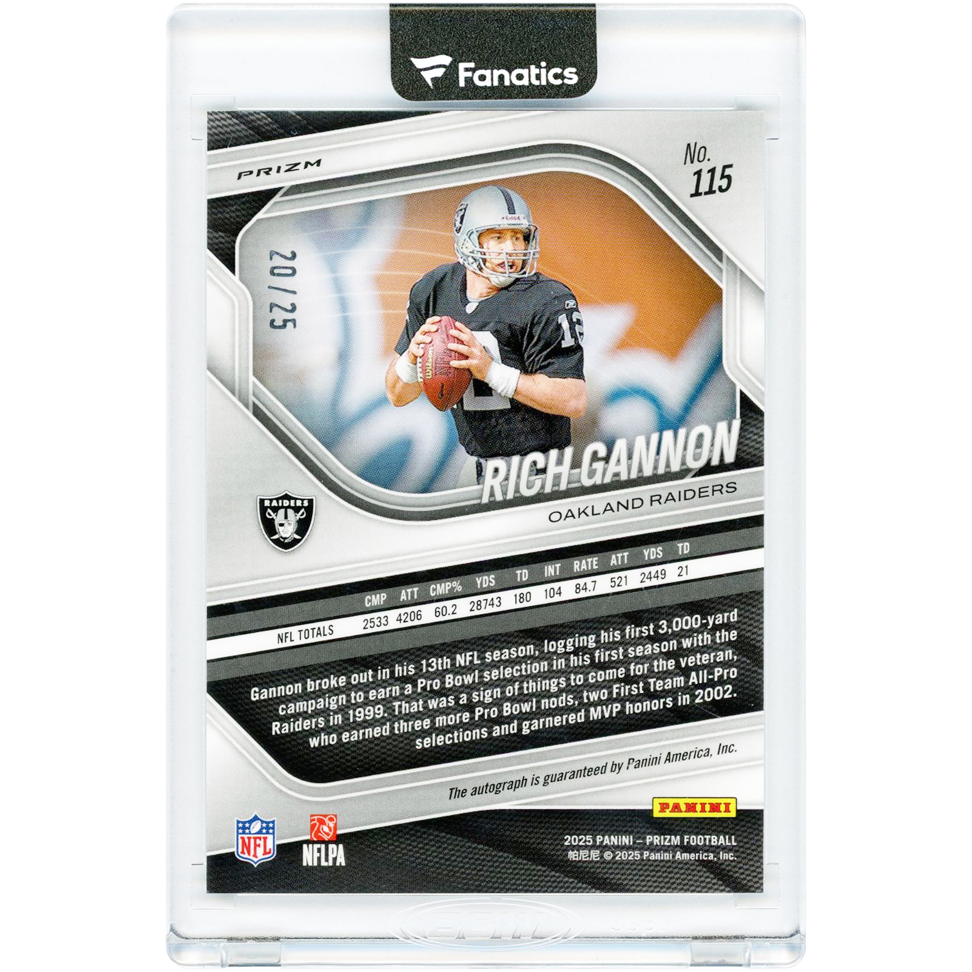 Rich Gannon Oakland Raiders Autographed 2025 Panini Prizm Scope #115 #20/25 Card