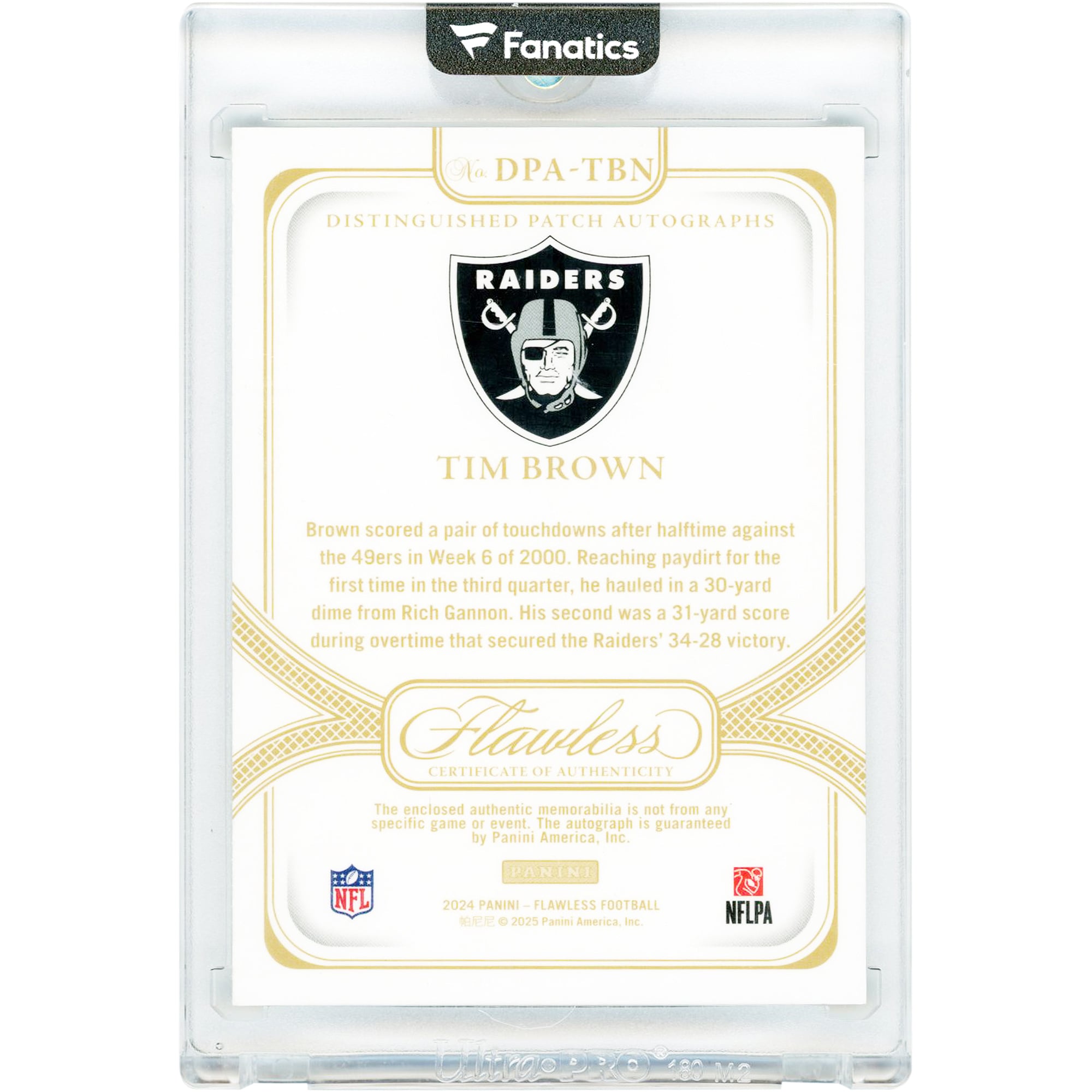 Carte autographiée Tim Brown des Raiders d'Oakland, Panini Flawless Tri-Color Relic Gold 2024 #DPA-TBN #6/25