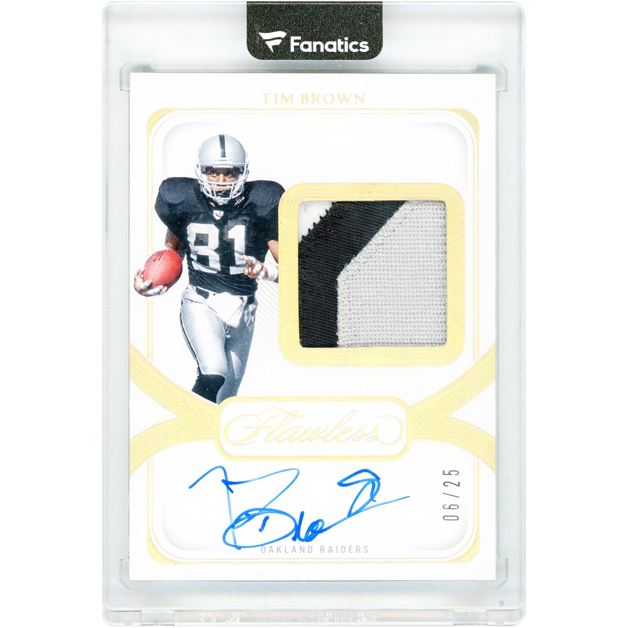 Carte autographiée Tim Brown des Raiders d'Oakland, Panini Flawless Tri-Color Relic Gold 2024 #DPA-TBN #6/25