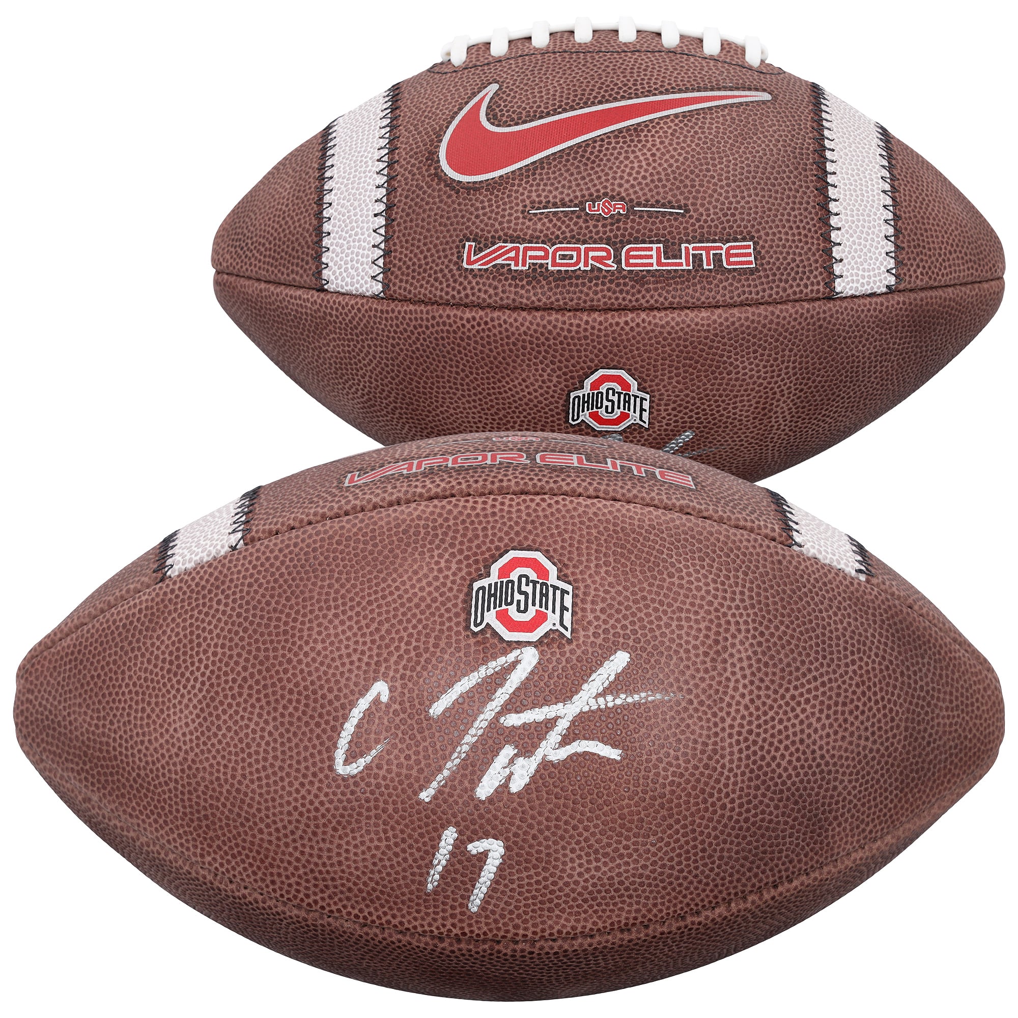Ballon de football américain Nike 2024 autographié par Carnell Tate, joueur des Ohio State Buckeyes.