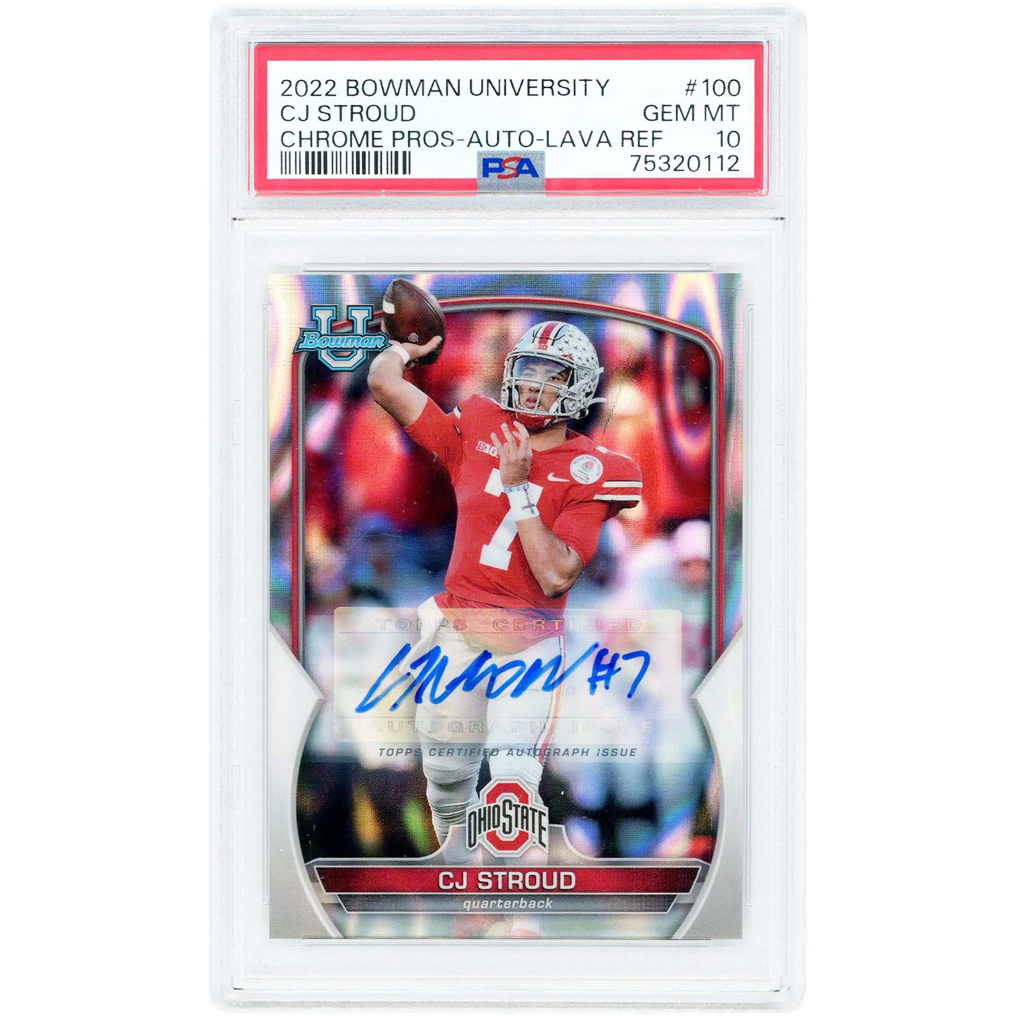Carte de collection Bowman Chrome U Lava Refractor 2022 autographiée par C.J. Stroud (Ohio State Buckeyes), numéro 100, numéro 55/199, authentifiée par PSA.