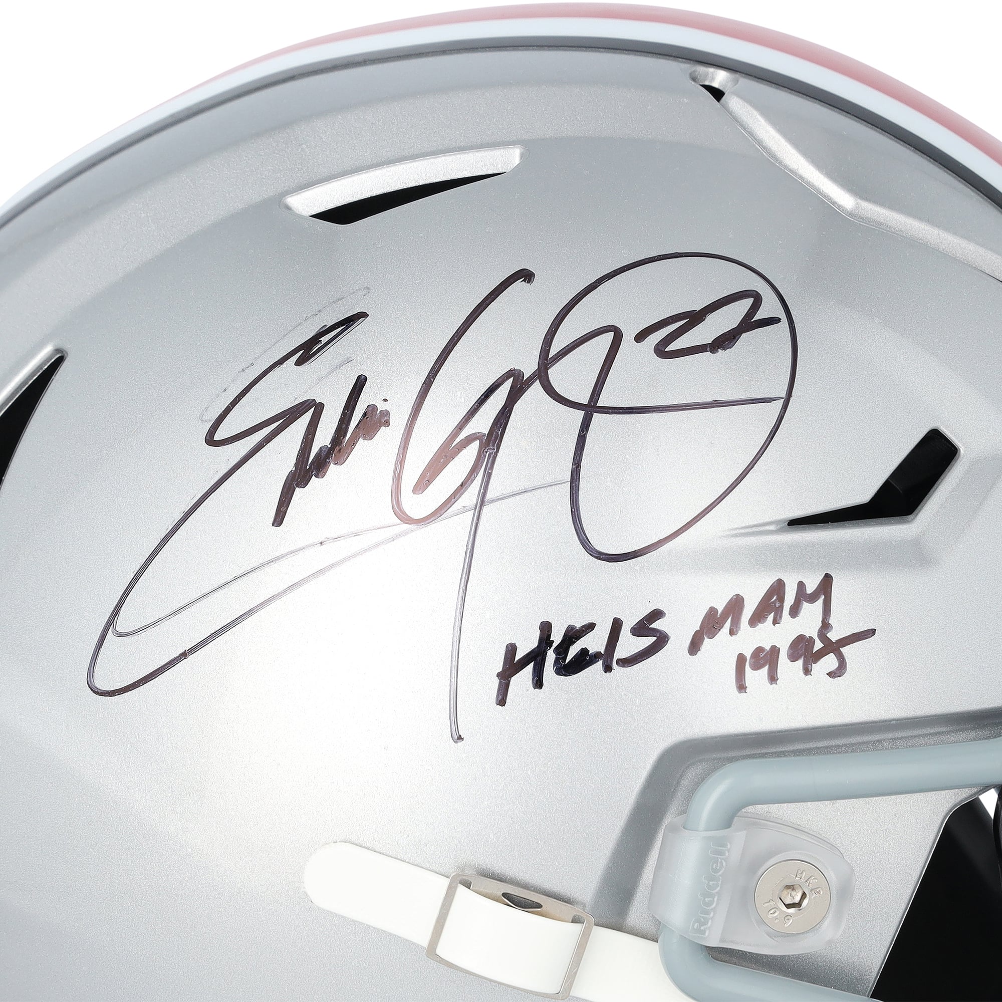 Casque Riddell Speed ​​Flex Mid-Size autographié par Eddie George, joueur des Ohio State Buckeyes, avec inscription « Heisman 1995 ».