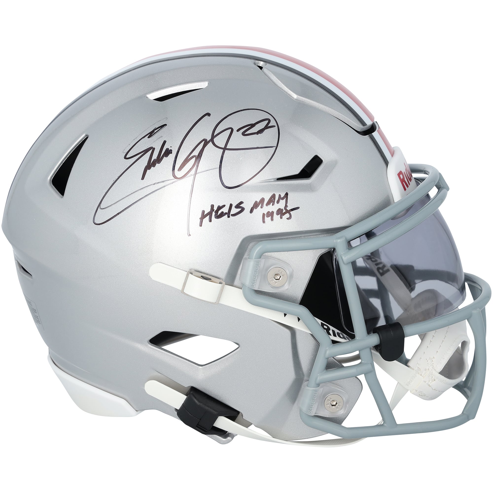 Casque Riddell Speed ​​Flex Mid-Size autographié par Eddie George, joueur des Ohio State Buckeyes, avec inscription « Heisman 1995 ».