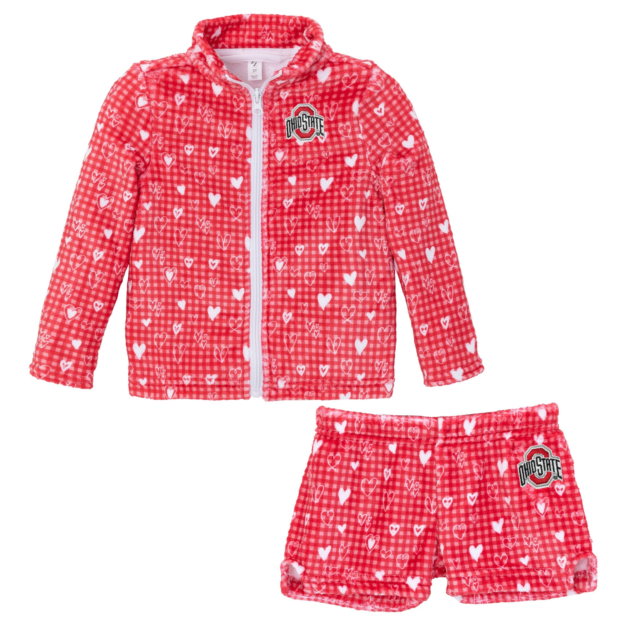Ensemble veste et short en peluche à carreaux cœur rouge écarlate ZooZatz pour petites filles, motif Ohio State Buckeyes.