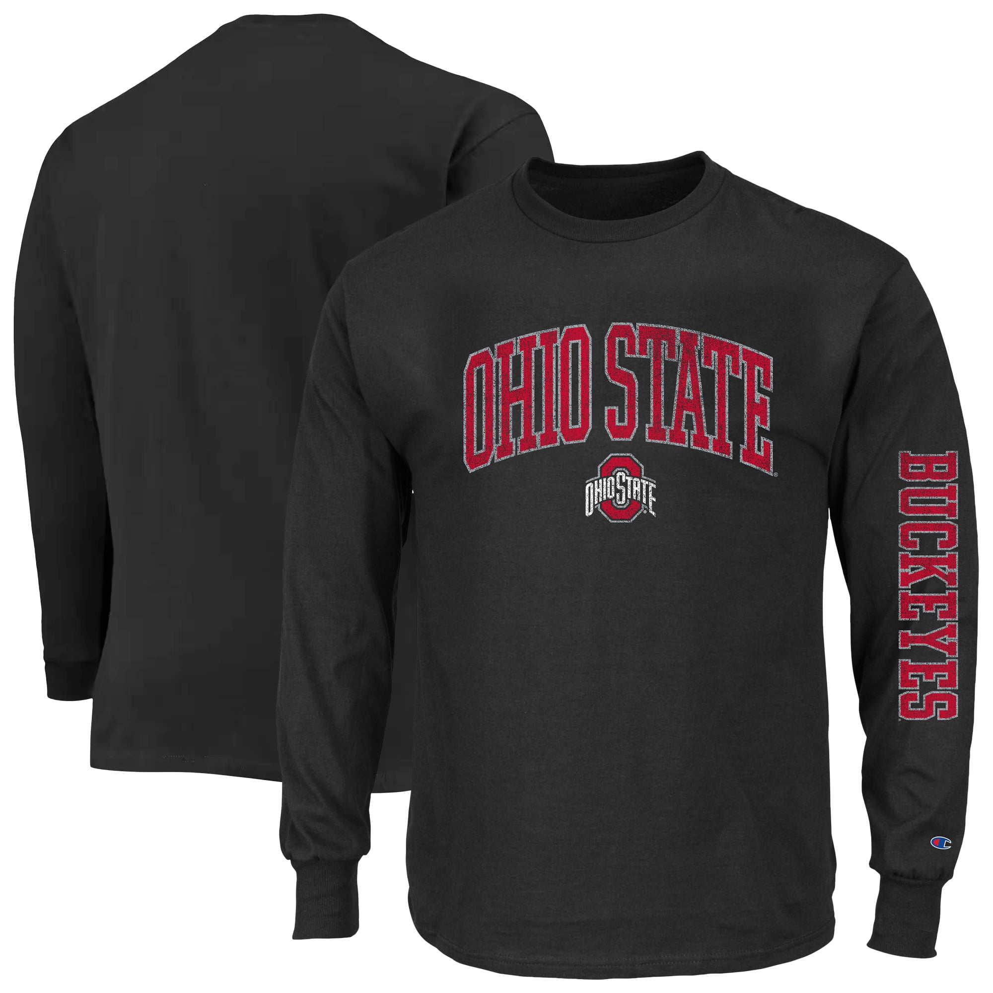 T-shirt à manches longues Champion noir pour homme, Ohio State Buckeyes, grandes tailles, logo en arc sur le dessus