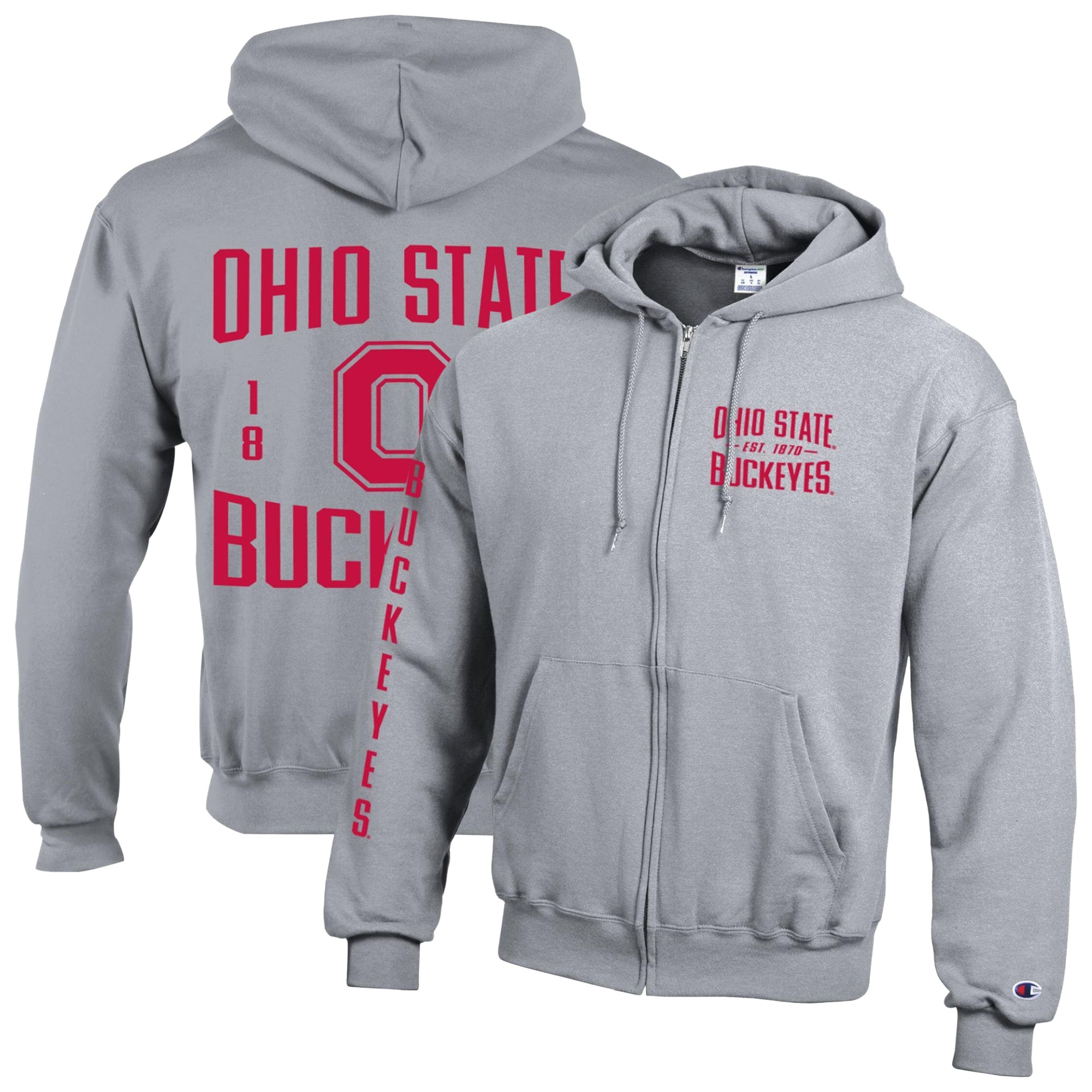 Men's Champion  Heather Gray Ohio State Buckeyes Varsity Powerblend Full-Zip Fleece Hoodie
