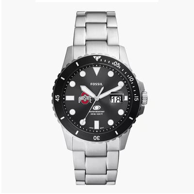 Ohio State Buckeyes Fossil Blue Dive Three-Hand Date Stainless Steel Watch - Silver