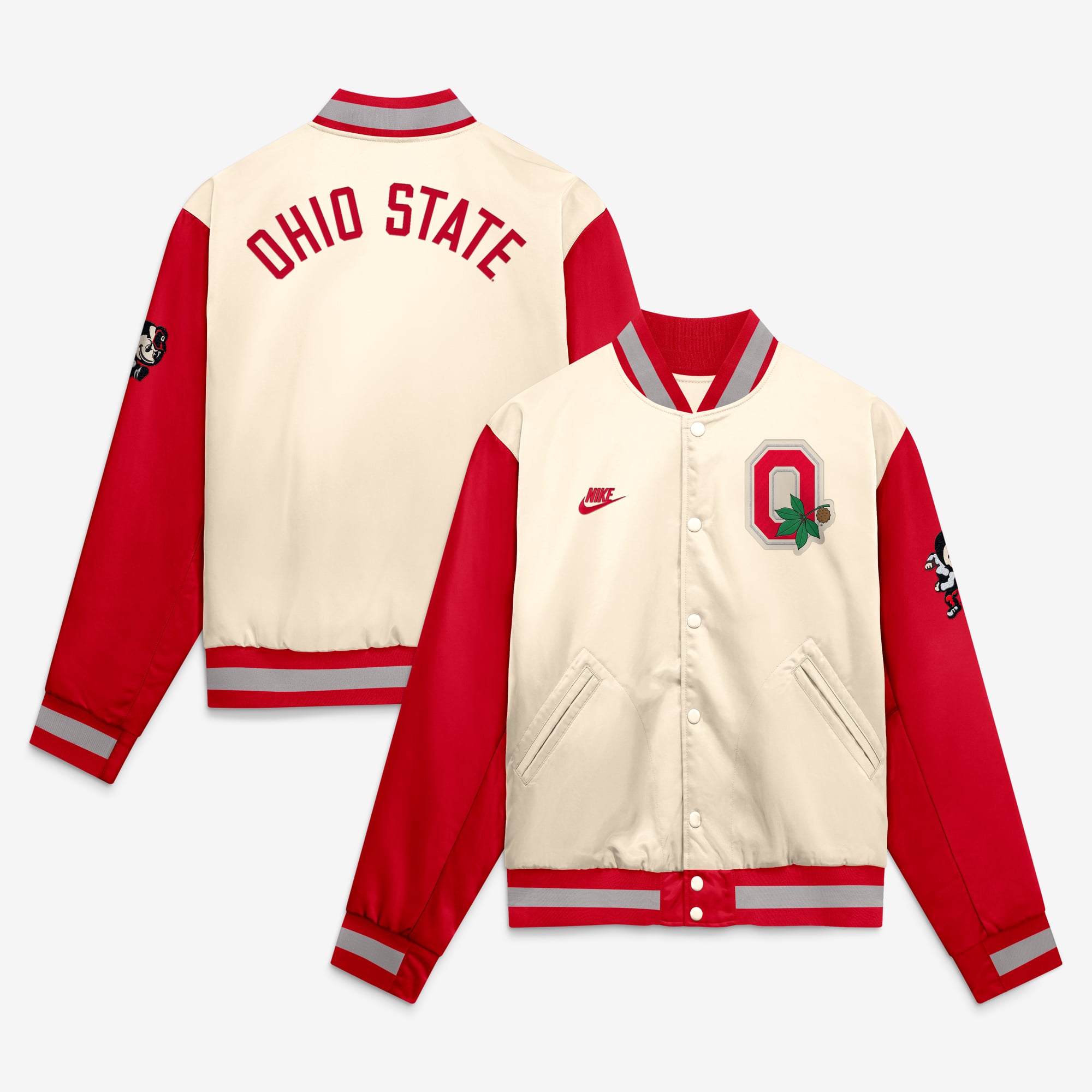 Men's Nike Natural/Scarlet Ohio State Buckeyes Legacy Full-Snap Bomber Jacket