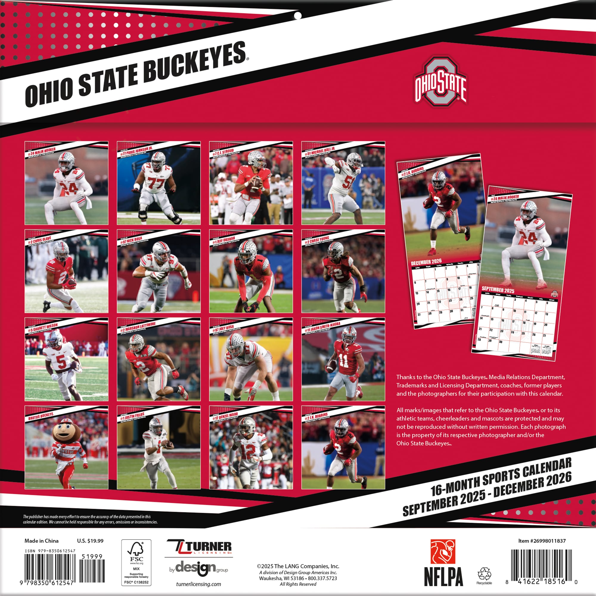 Ohio State Buckeyes 12” x 12” 2026 Team Wall Calendar