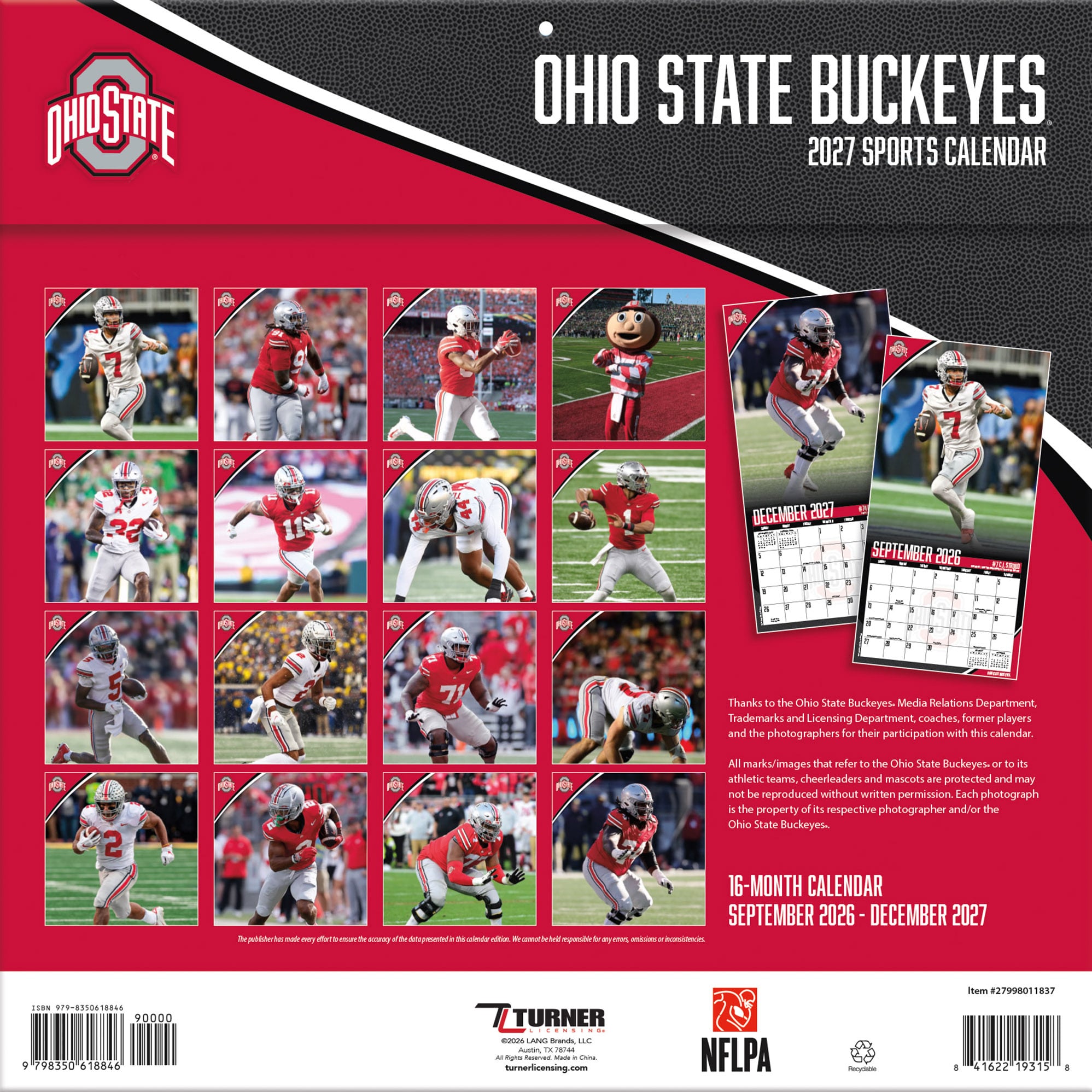 Ohio State Buckeyes 2027 12” x 12” Team Wall Calendar
