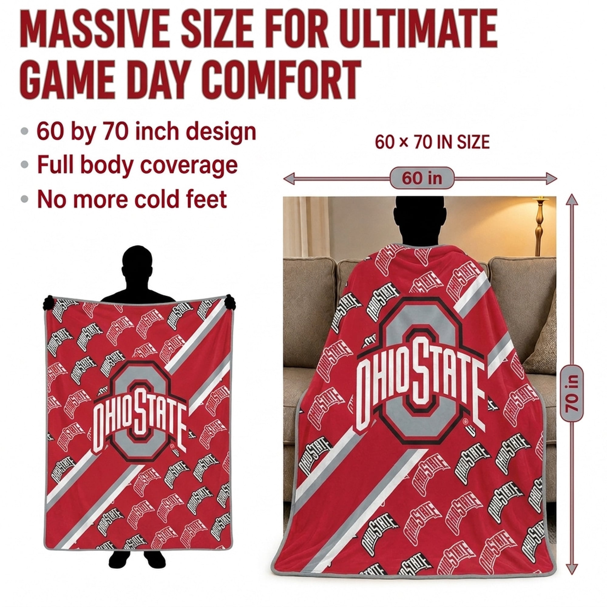 Couverture ultra douce Pegasus Ohio State Buckeyes 60" x 70" (diagonale) avec logo doublé
