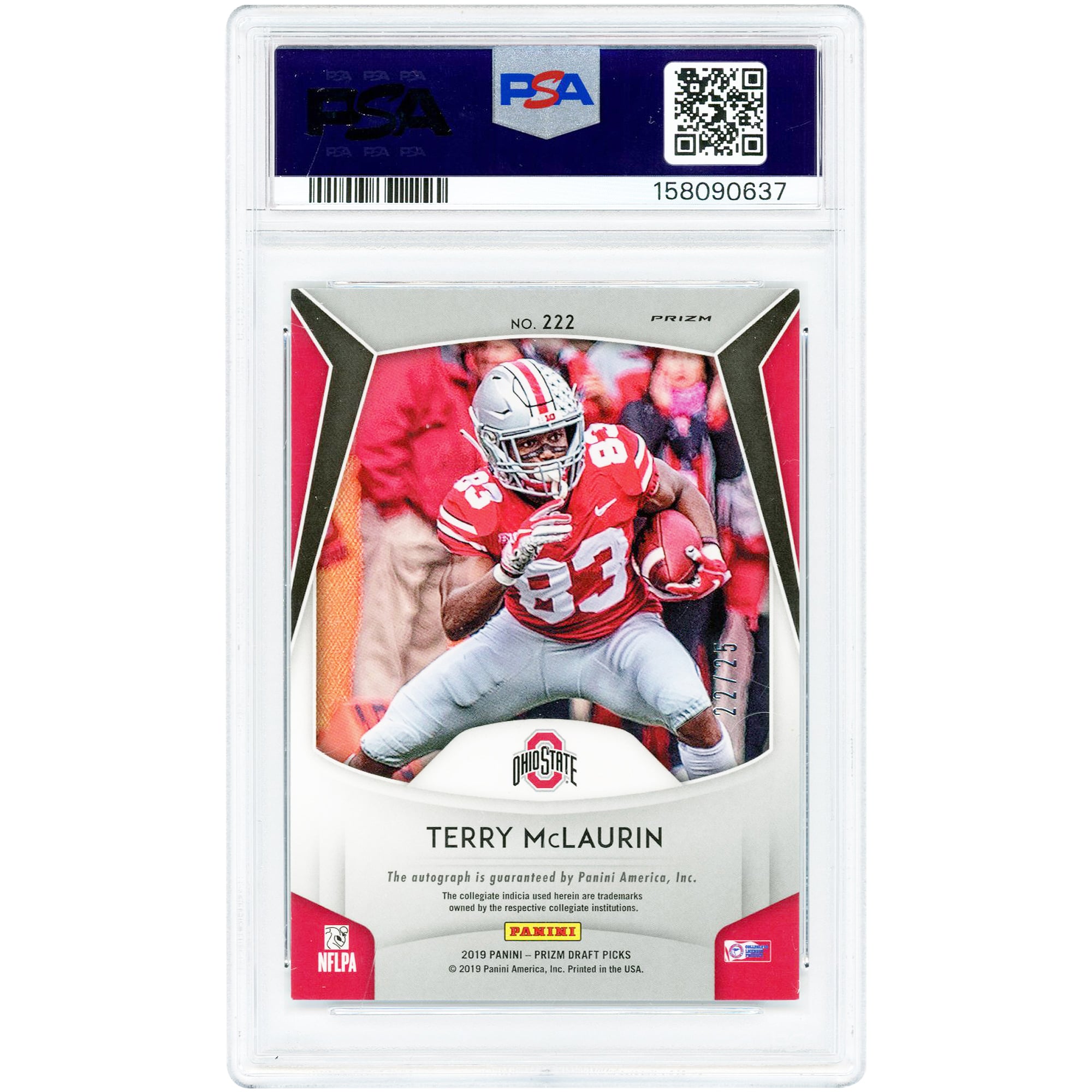 Carte de recrue autographiée de Terry McLaurin (Ohio State Buckeyes) - Panini Prizm Draft Picks Camo Prizm 2019, n° 222/25, authentifiée PSA 9