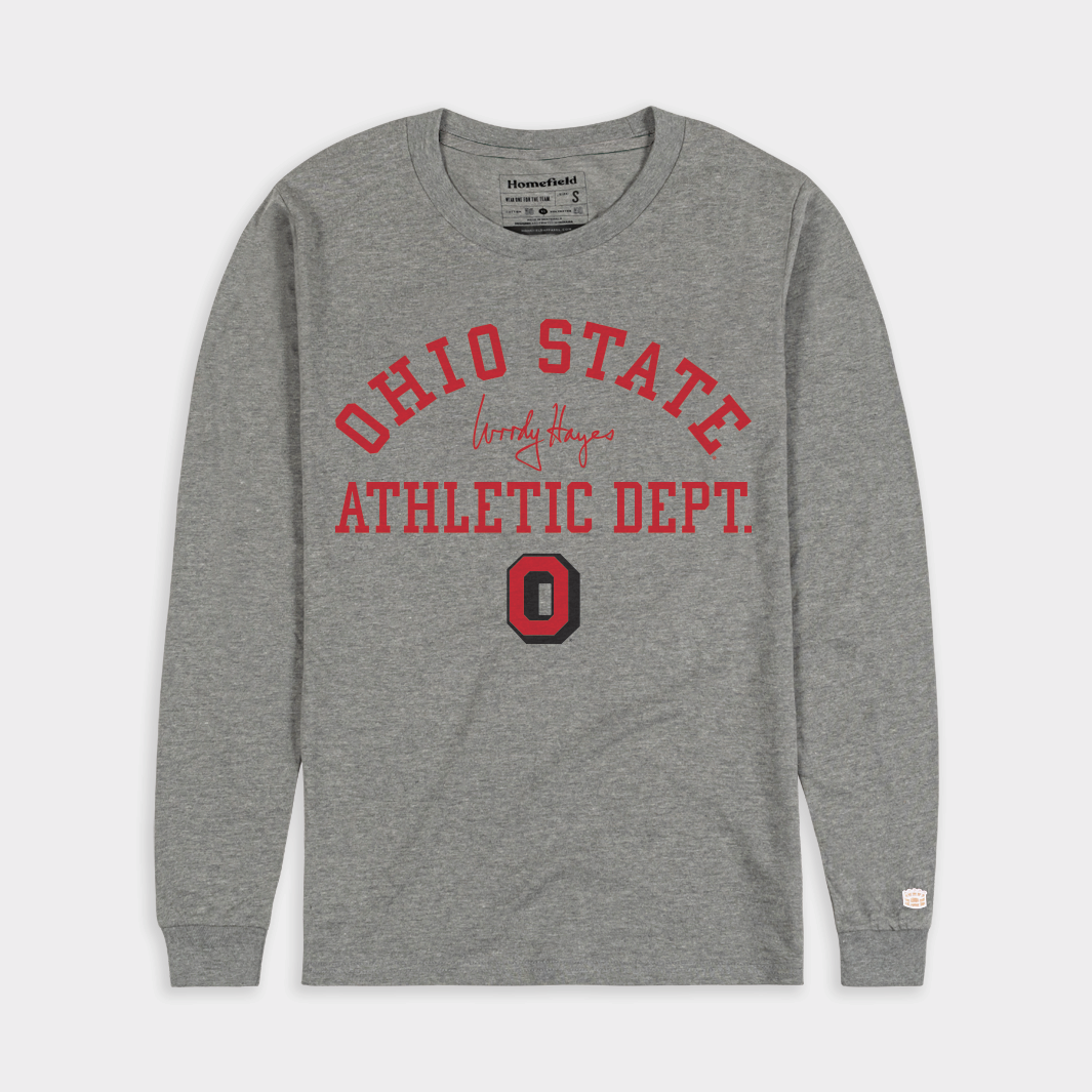 Unisex Homefield Woody Hayes Gray Ohio State Buckeyes 75th Anniversary Athletic Dept. Long Sleeve T-Shirt