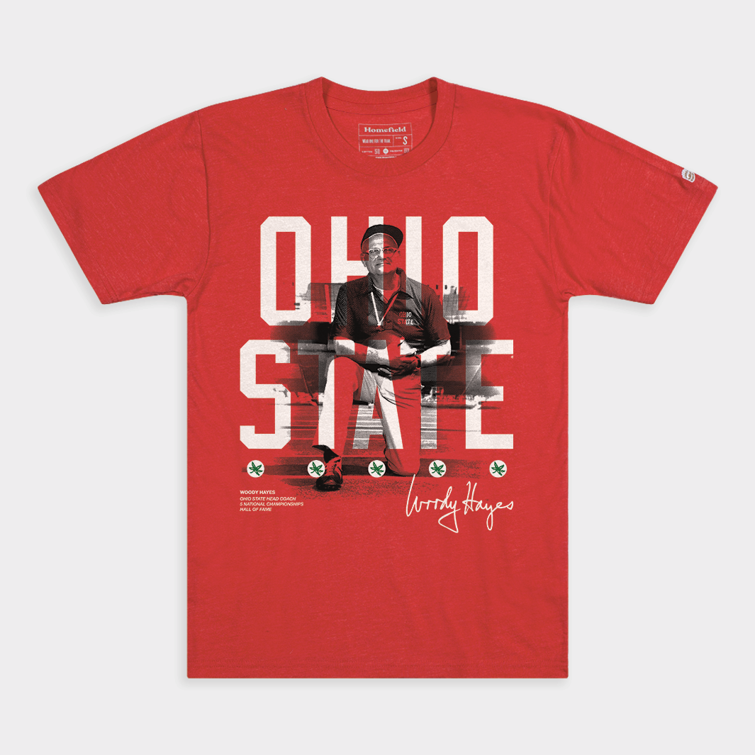 Unisex Homefield Woody Hayes Scarlet Ohio State Buckeyes 75th Anniversary Photo & Wordmark T-Shirt