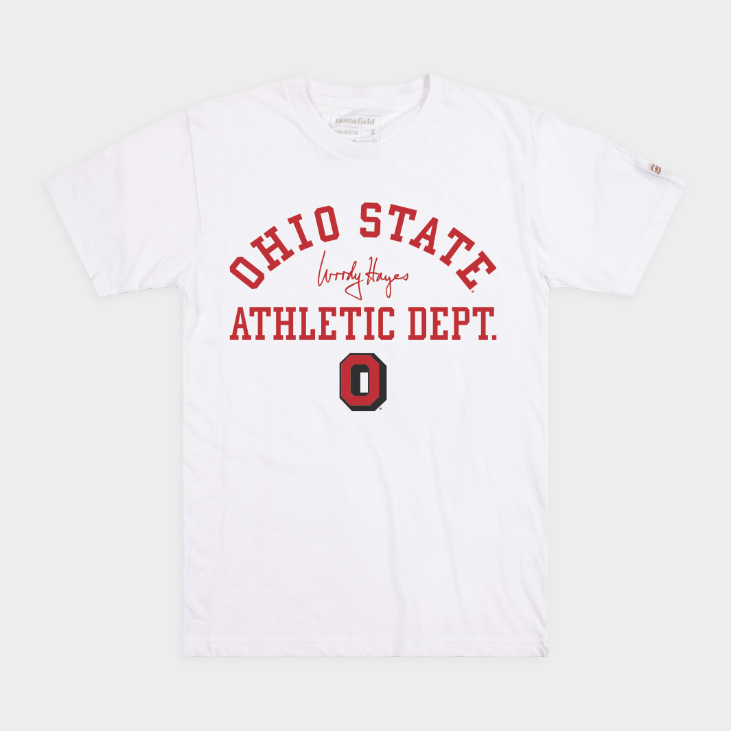 Unisex Homefield Woody Hayes White Ohio State Buckeyes 75th Anniversary Athletic Dept. T-Shirt