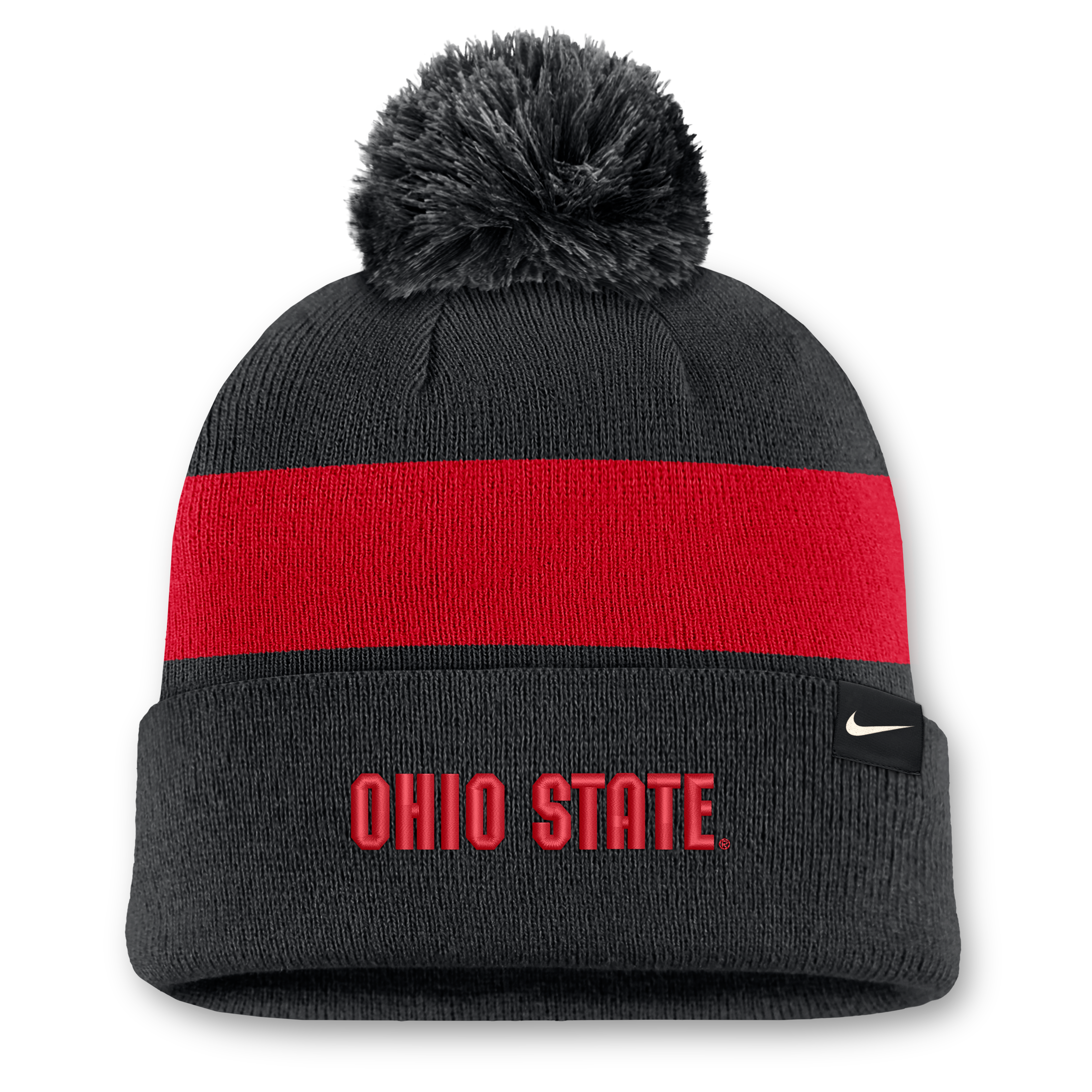 Bonnet unisexe Nike noir à rayures et revers, orné d'un pompon, aux couleurs des Ohio State Buckeyes.