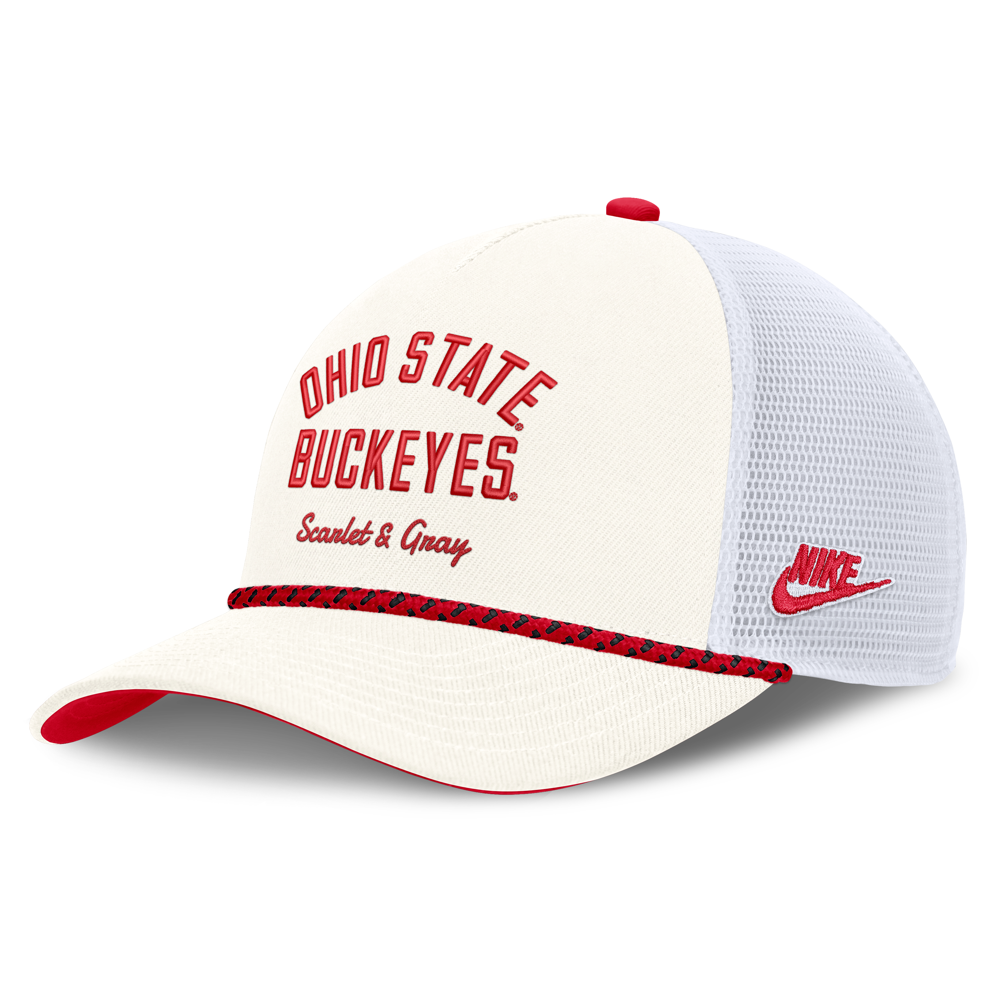 Casquette unisexe Nike blanche à cordon, modèle trucker ajustable, avec mascotte des Ohio State Buckeyes