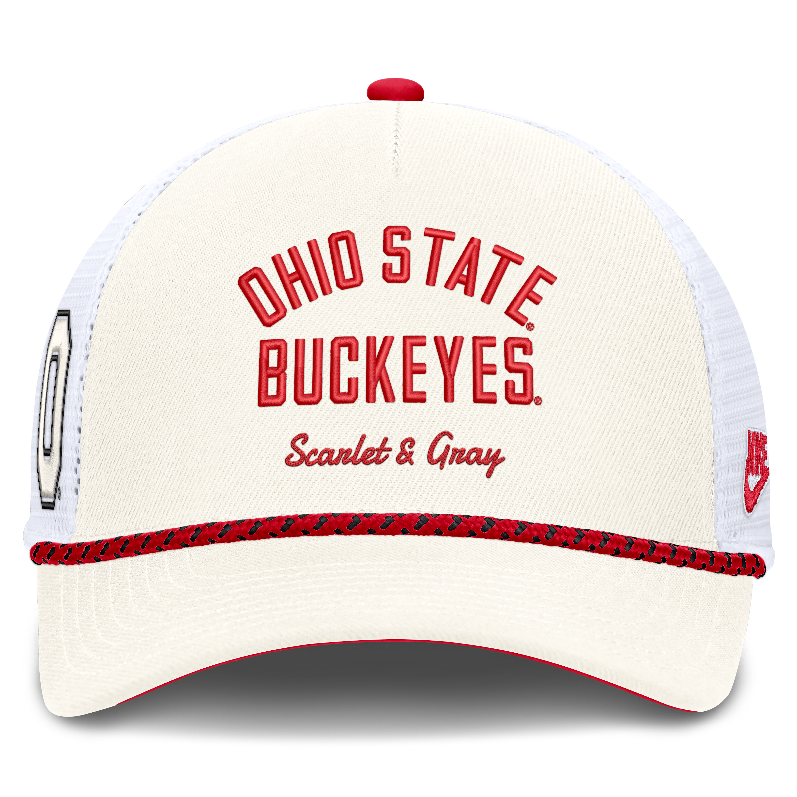 Casquette unisexe Nike blanche à cordon, modèle trucker ajustable, avec mascotte des Ohio State Buckeyes