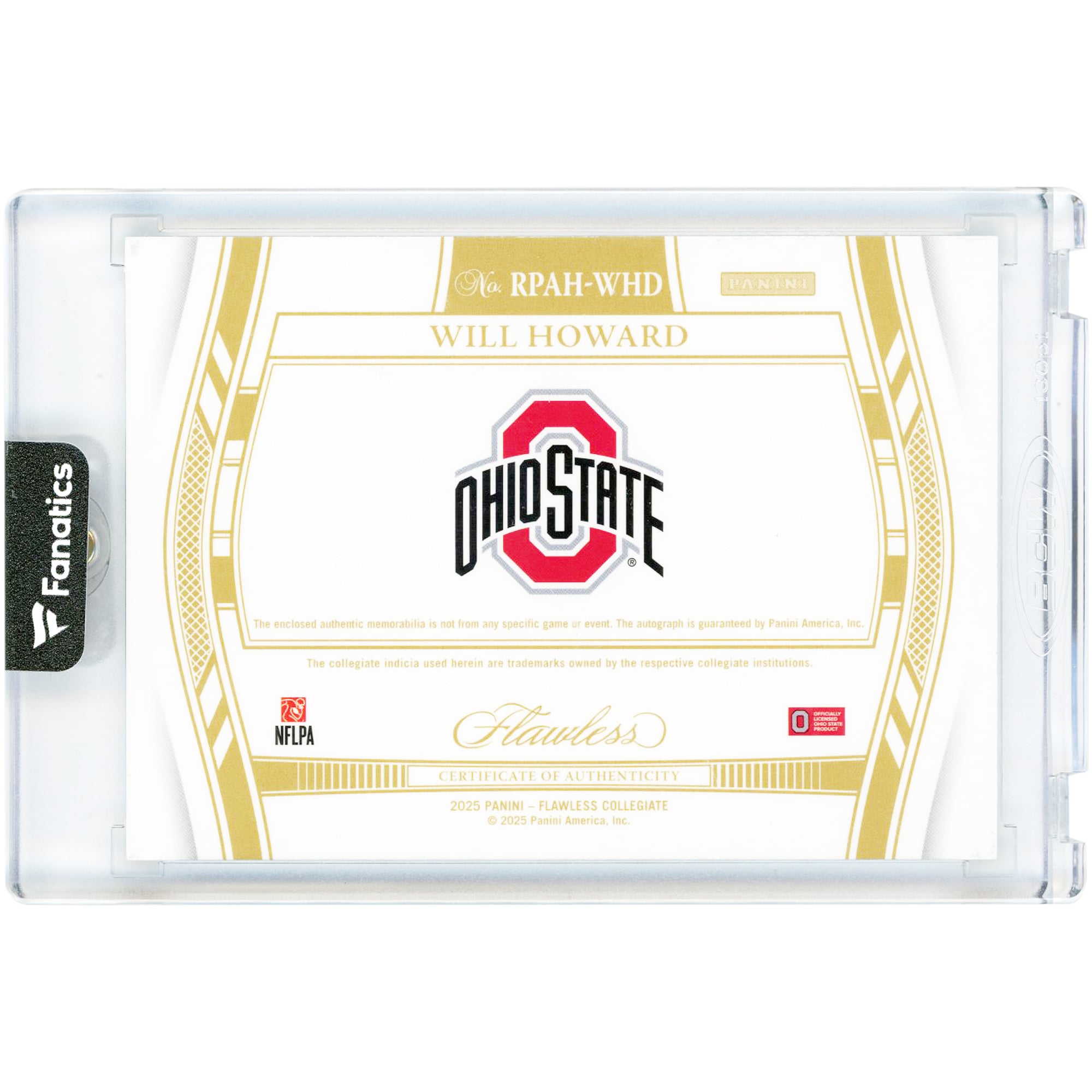 Carte de recrue autographiée de Will Howard (Ohio State Buckeyes) 2025 Panini Flawless Collegiate Holo Silver Dual-Color Jersey Relic #RPAH-WHD #15/25