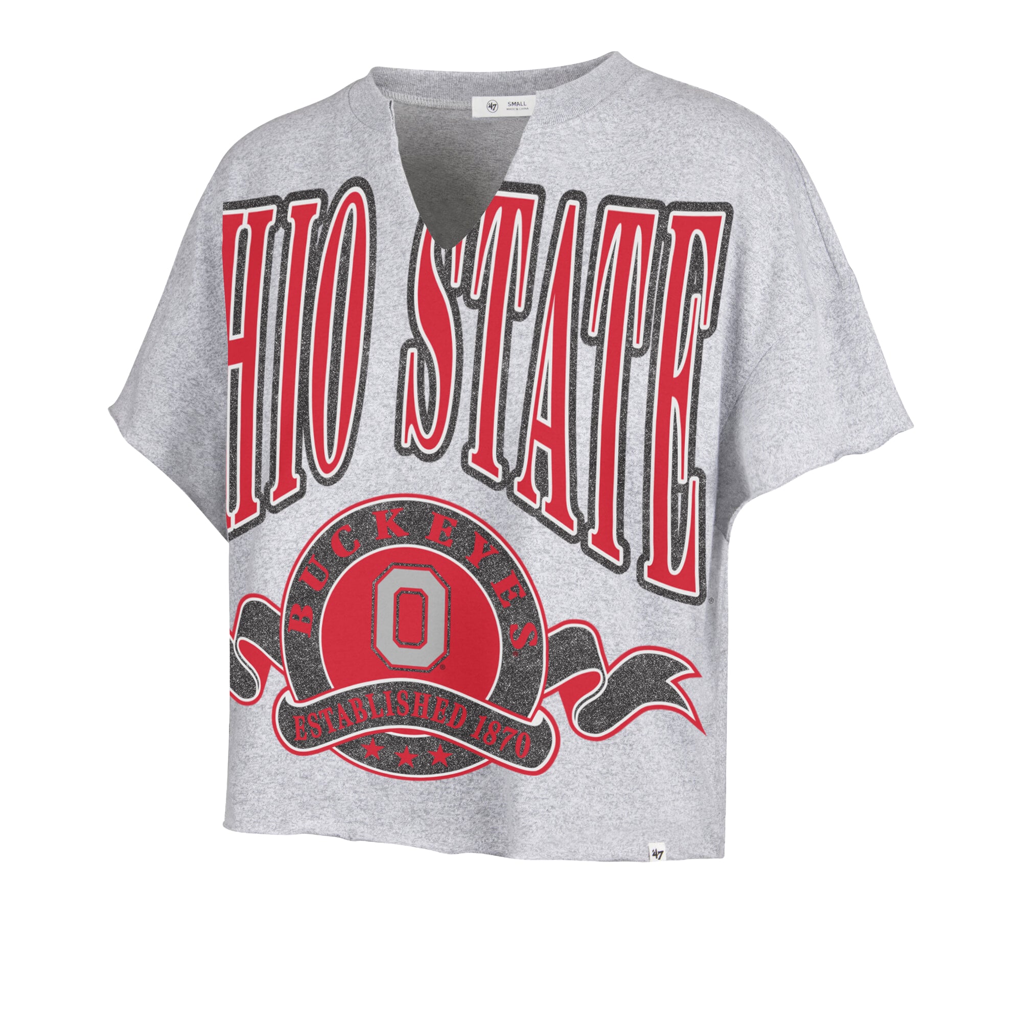 Women's '47  Gray Ohio State Buckeyes Banners Out Oversized Notch-Neck T-Shirt