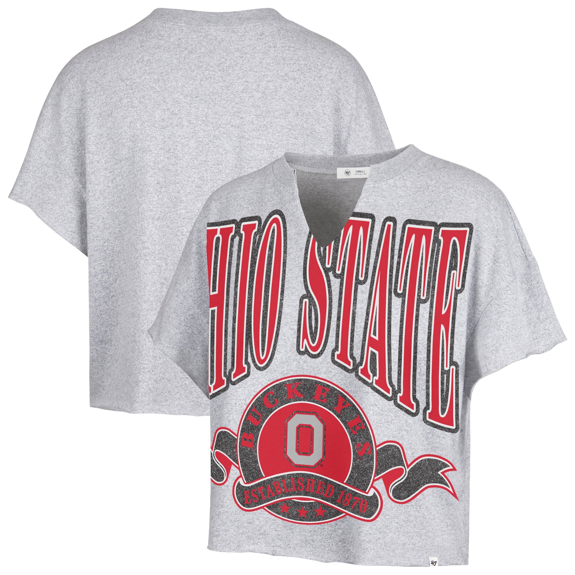 Women's '47 Gray Ohio State Buckeyes Banners Out Oversized Notch-Neck T-Shirt