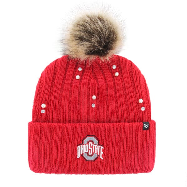 Bonnet en maille de fourrure nacrée « 47 Scarlet Ohio State Buckeyes » pour femme avec pompon