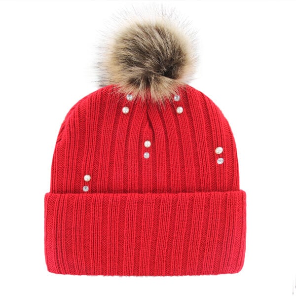 Bonnet en maille de fourrure nacrée « 47 Scarlet Ohio State Buckeyes » pour femme avec pompon