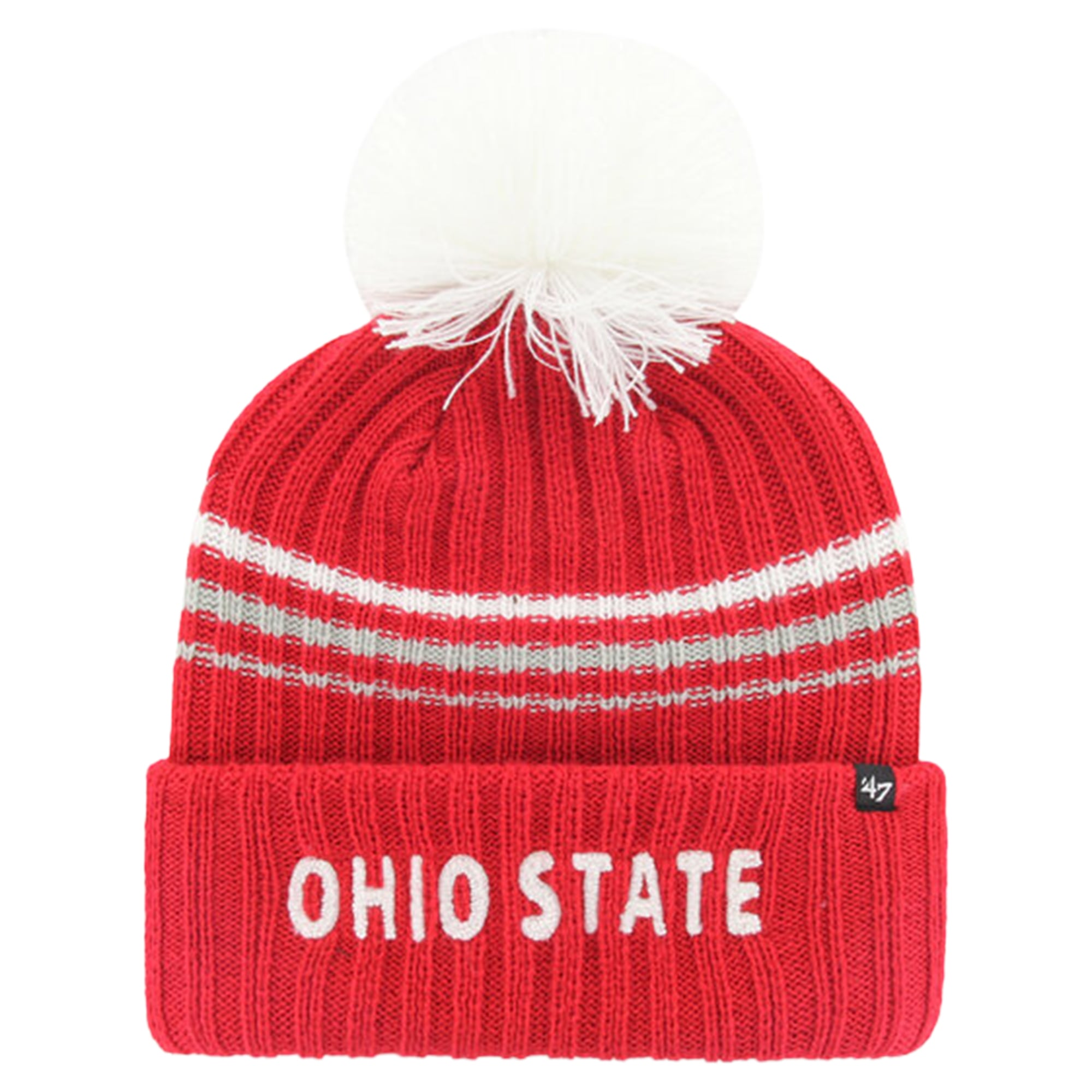 Bonnet tricoté à pompon et inscription duveteuse « 47 Scarlet Ohio State Buckeyes » pour femme