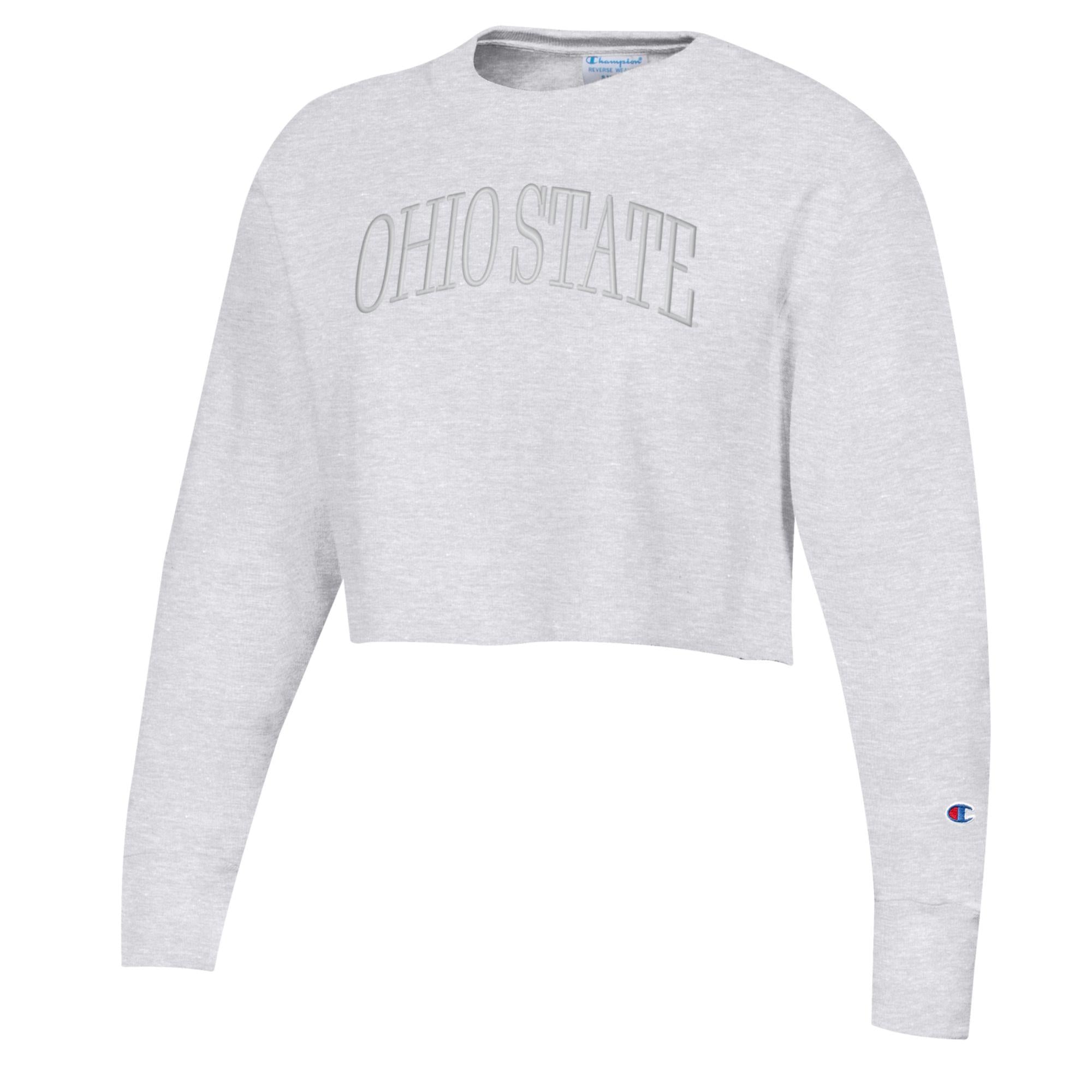 Womens CHAMPION GRY Ohio State Buckeyes REVERSE WEAVE CROP CREW