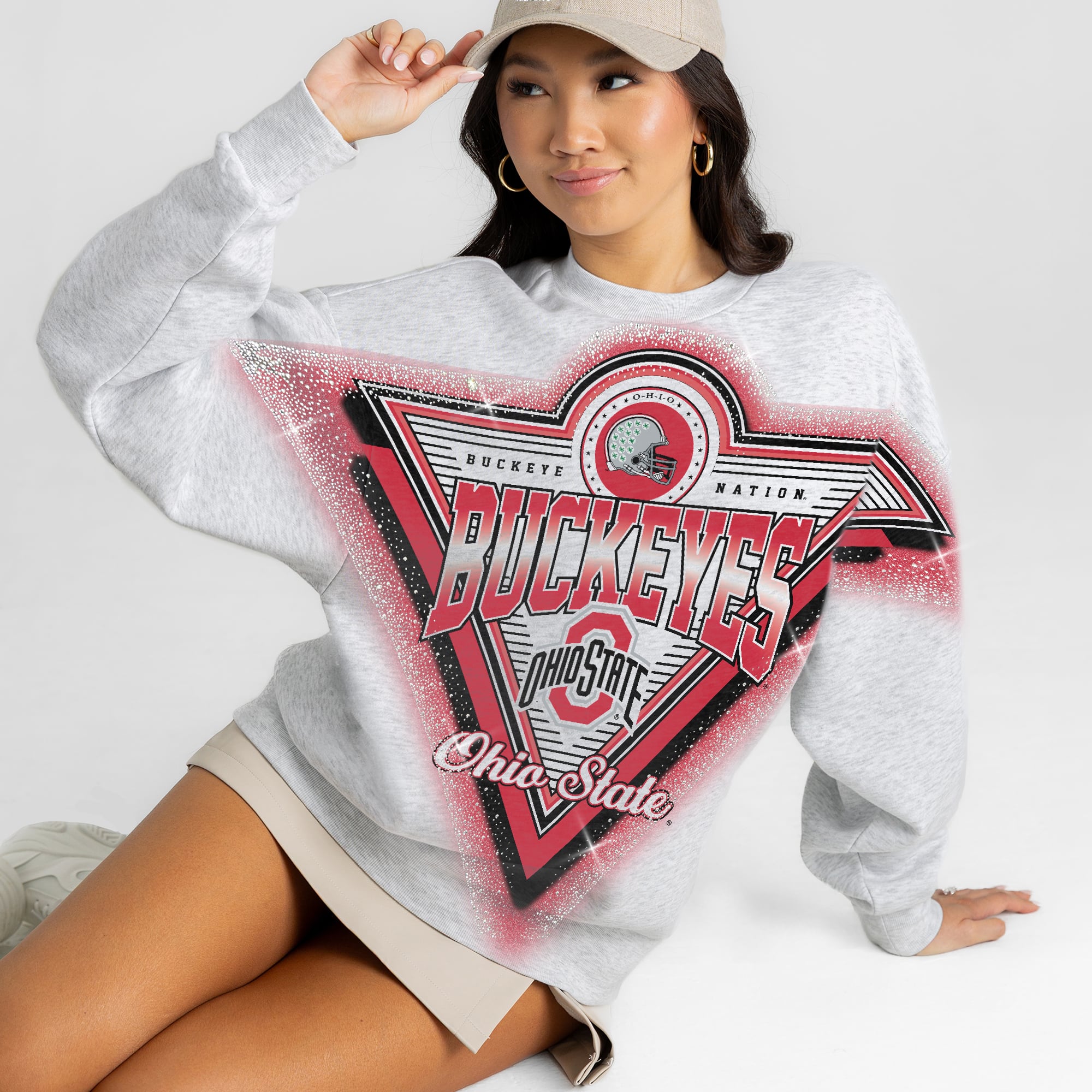 Women's Gameday Couture Gray Ohio State Buckeyes Chasing Victory Rhinestone Spray Oversized Fleece Sweatshirt