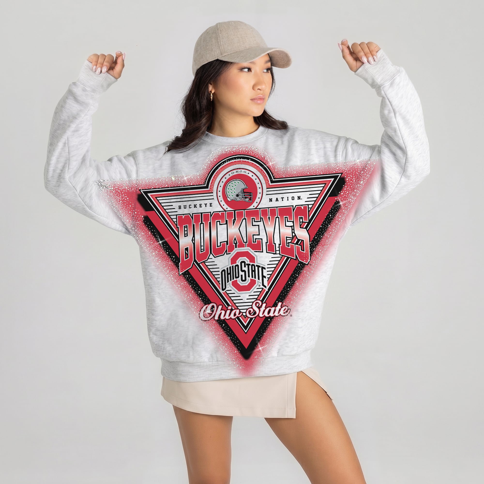 Women's Gameday Couture Gray Ohio State Buckeyes Chasing Victory Rhinestone Spray Oversized Fleece Sweatshirt
