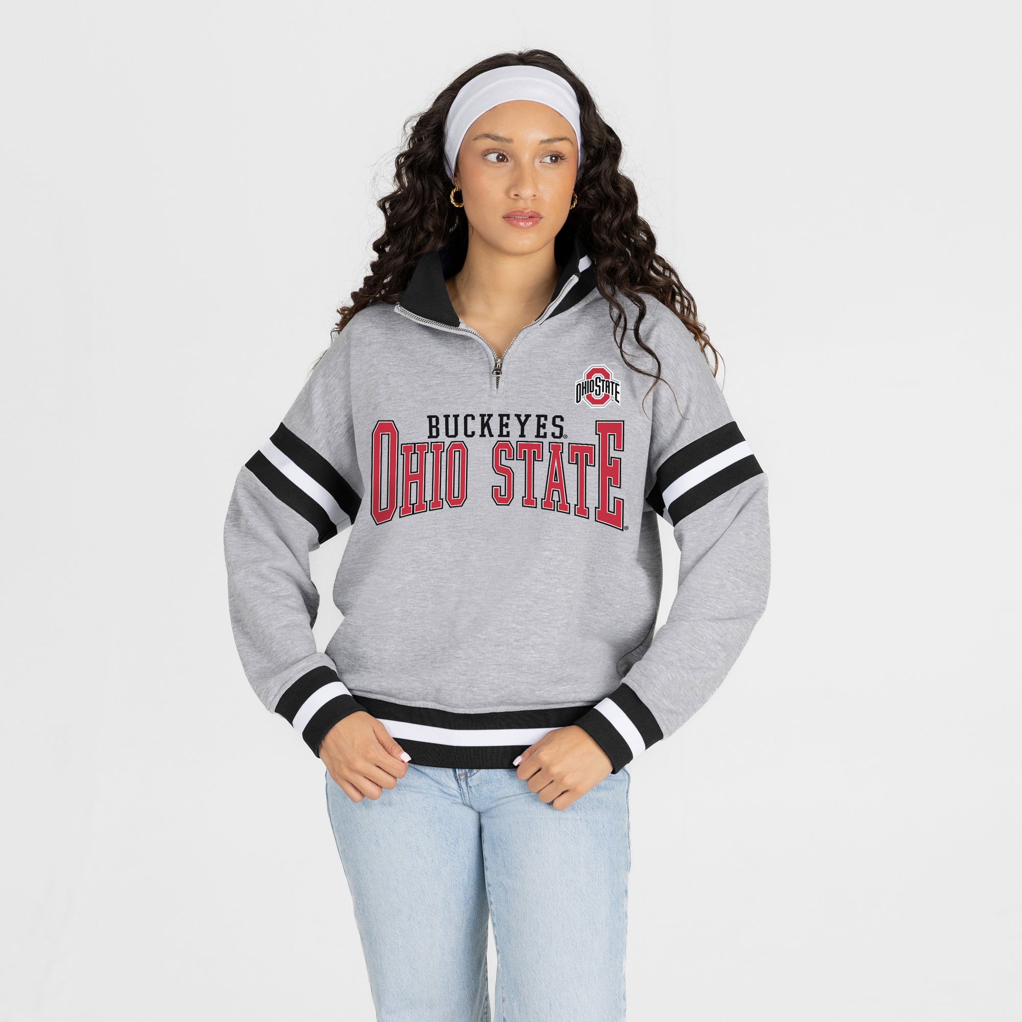 Pull à col zippé gris Ohio State Buckeyes Hold the Line pour femme, collection Gameday Couture