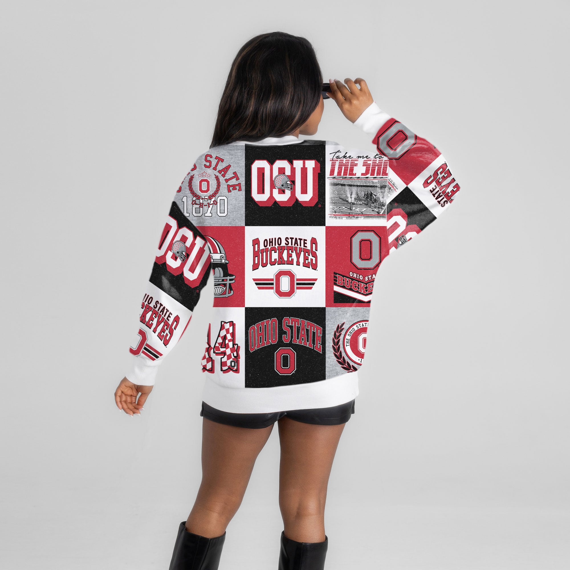 Pull à manches longues patchwork « Highlight Reel » écarlate Ohio State Buckeyes pour femme, collection Gameday Couture.