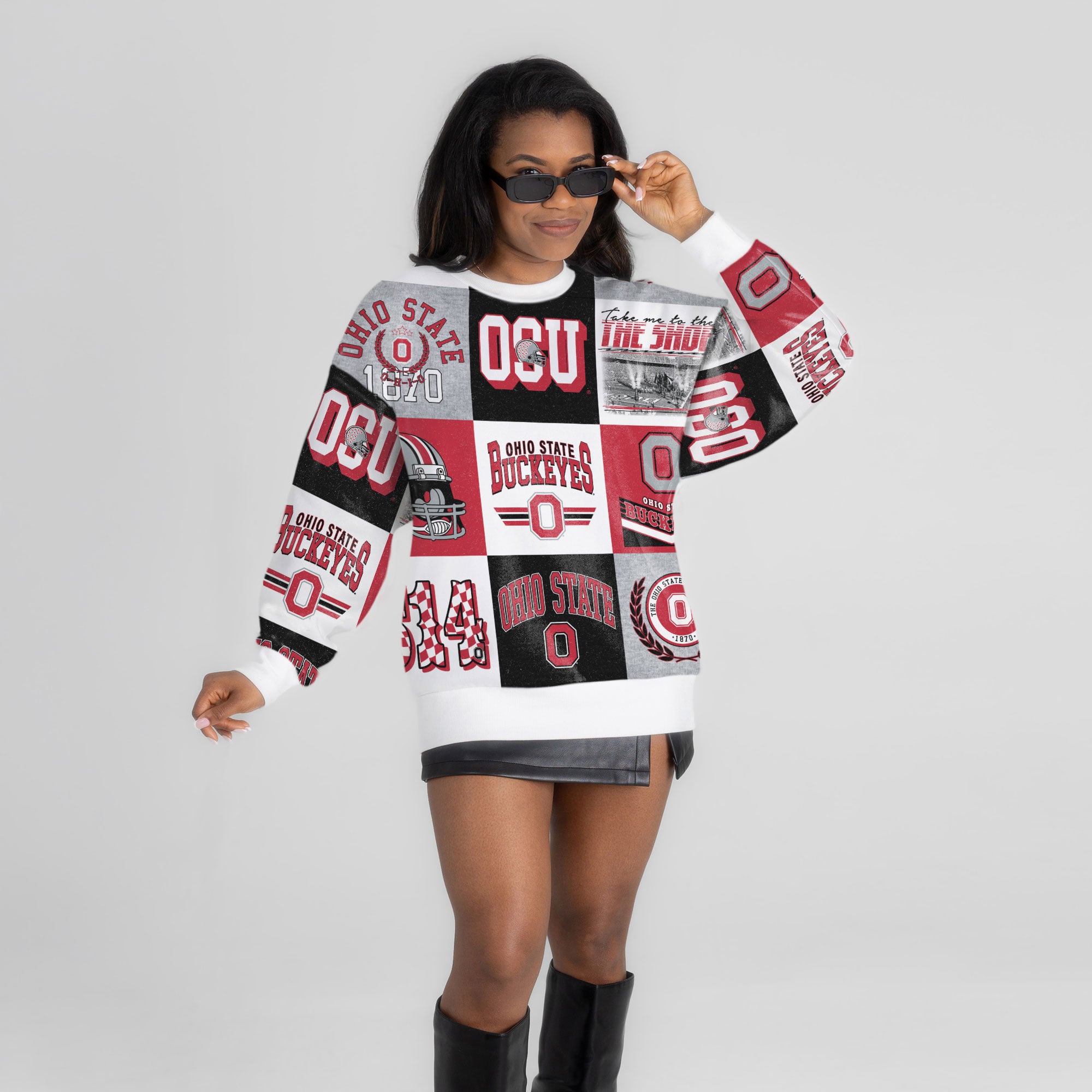 Pull à manches longues patchwork « Highlight Reel » écarlate Ohio State Buckeyes pour femme, collection Gameday Couture.