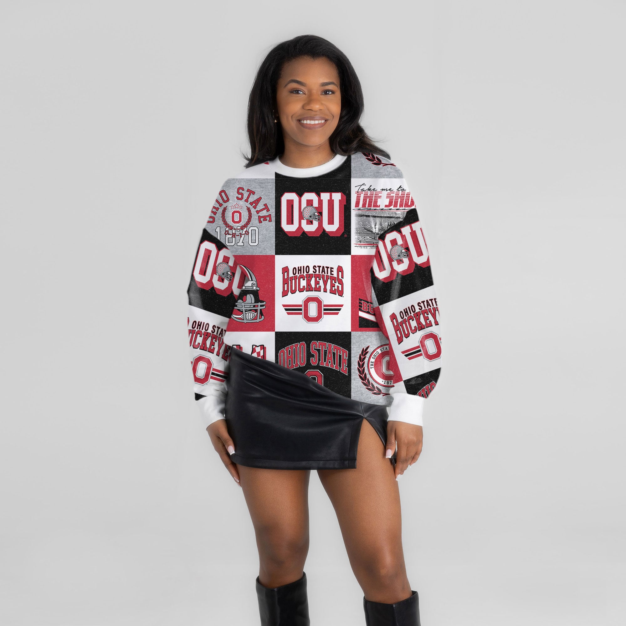 Pull à manches longues patchwork « Highlight Reel » écarlate Ohio State Buckeyes pour femme, collection Gameday Couture.
