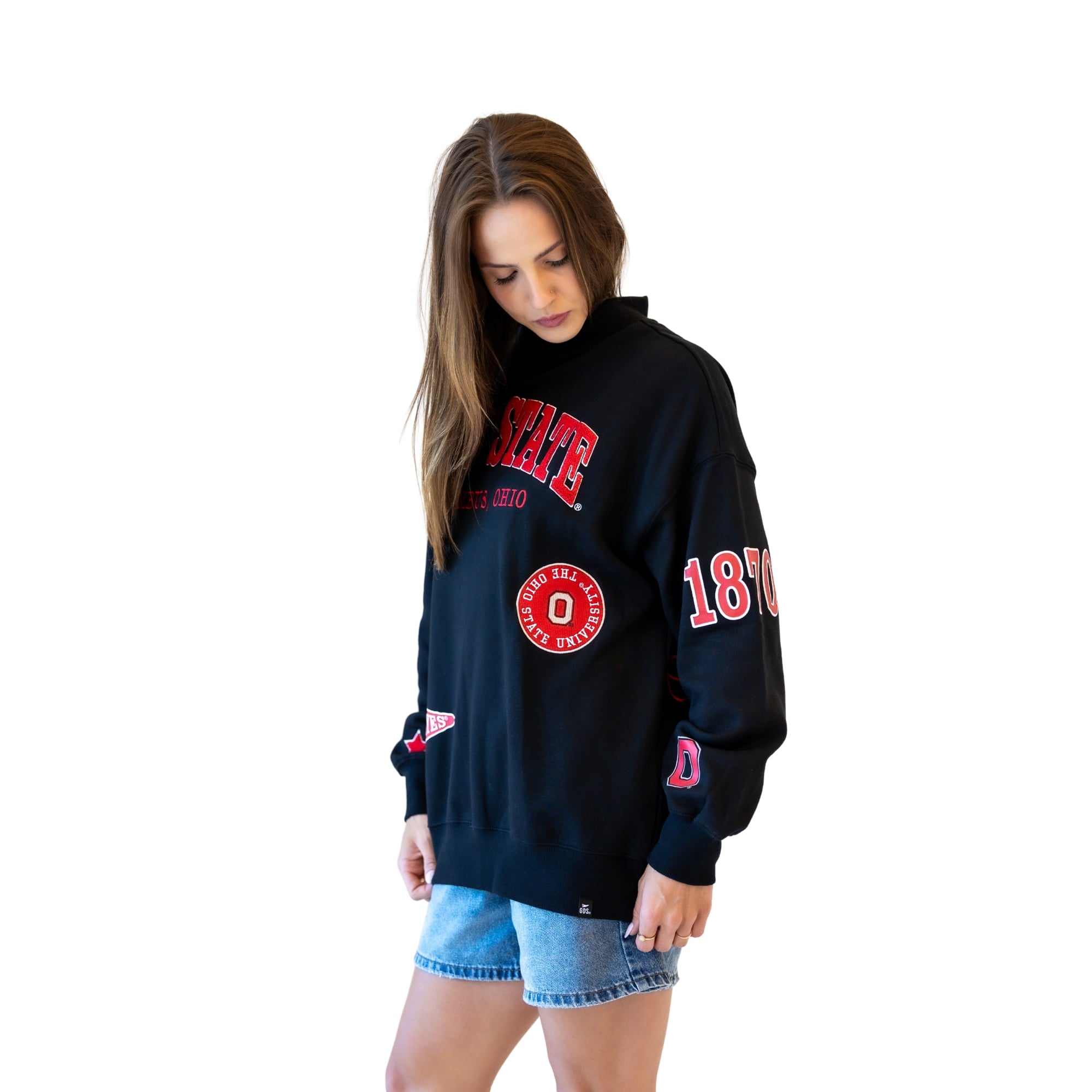 Women's Gameday Social Black Ohio State Buckeyes Patch Mockneck Sweatshirt