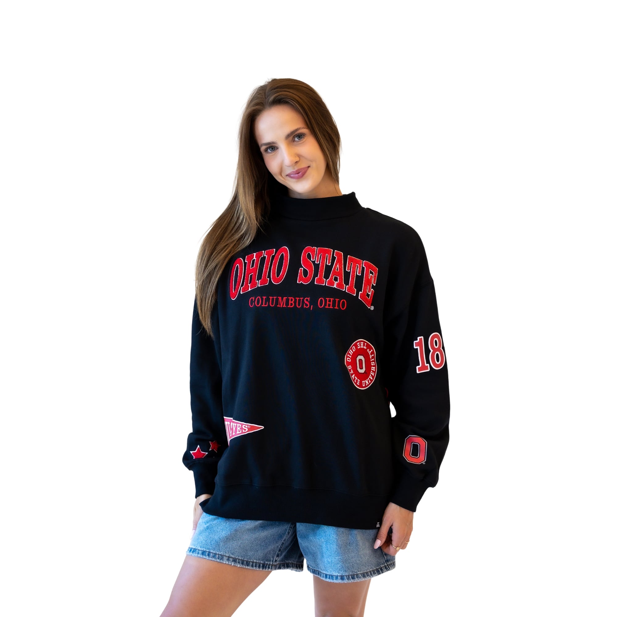 Women's Gameday Social Black Ohio State Buckeyes Patch Mockneck Sweatshirt