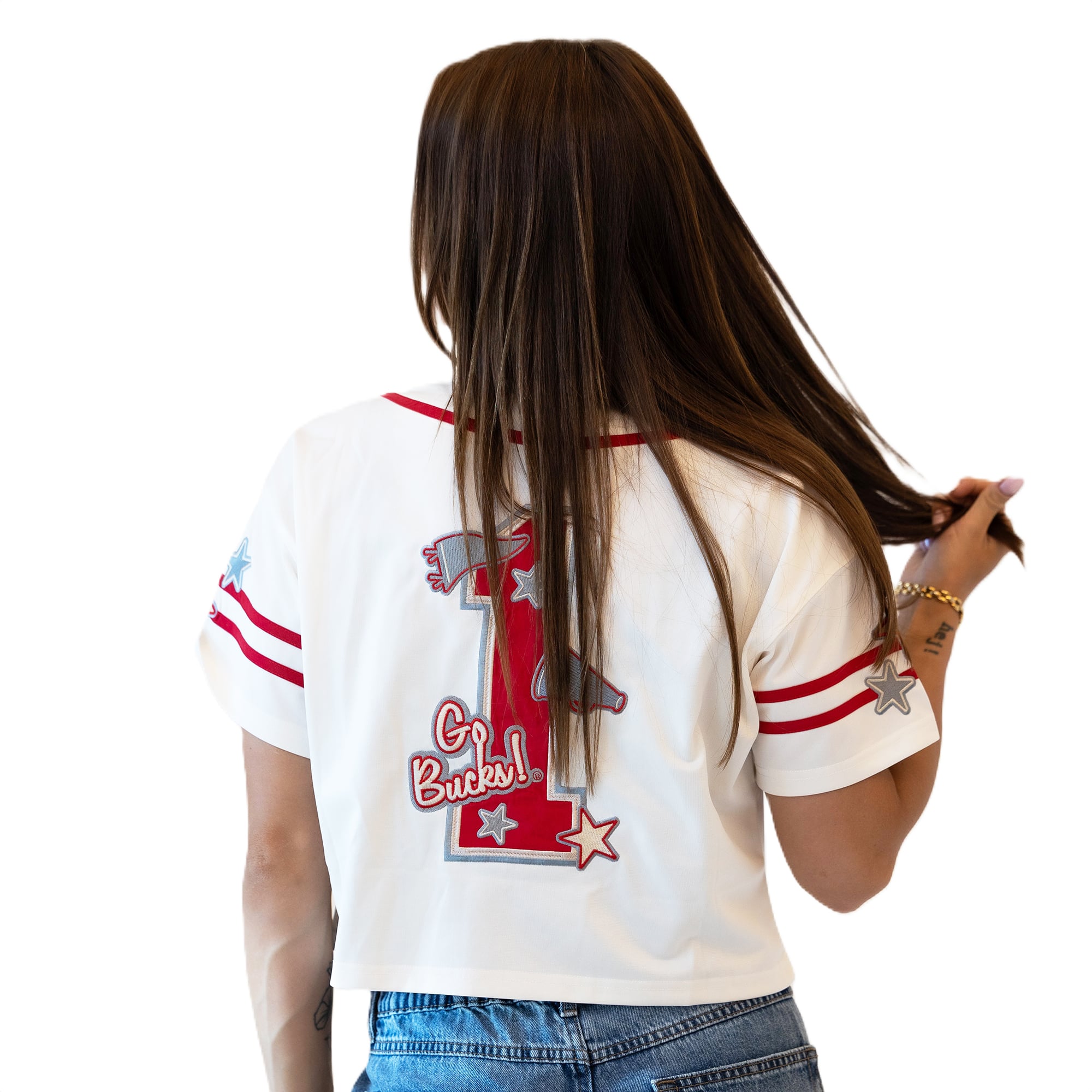 Maillot de baseball court à patch Off White Ohio State Buckeyes pour femmes, idéal les journées match.